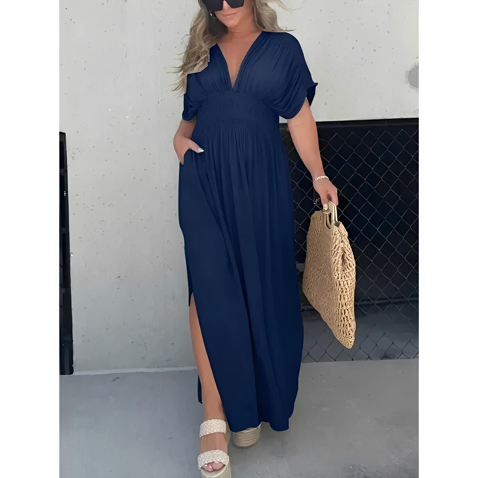 Bat Sleeve V-Neck Maxi Dress with Side Slit and Elastic Waist