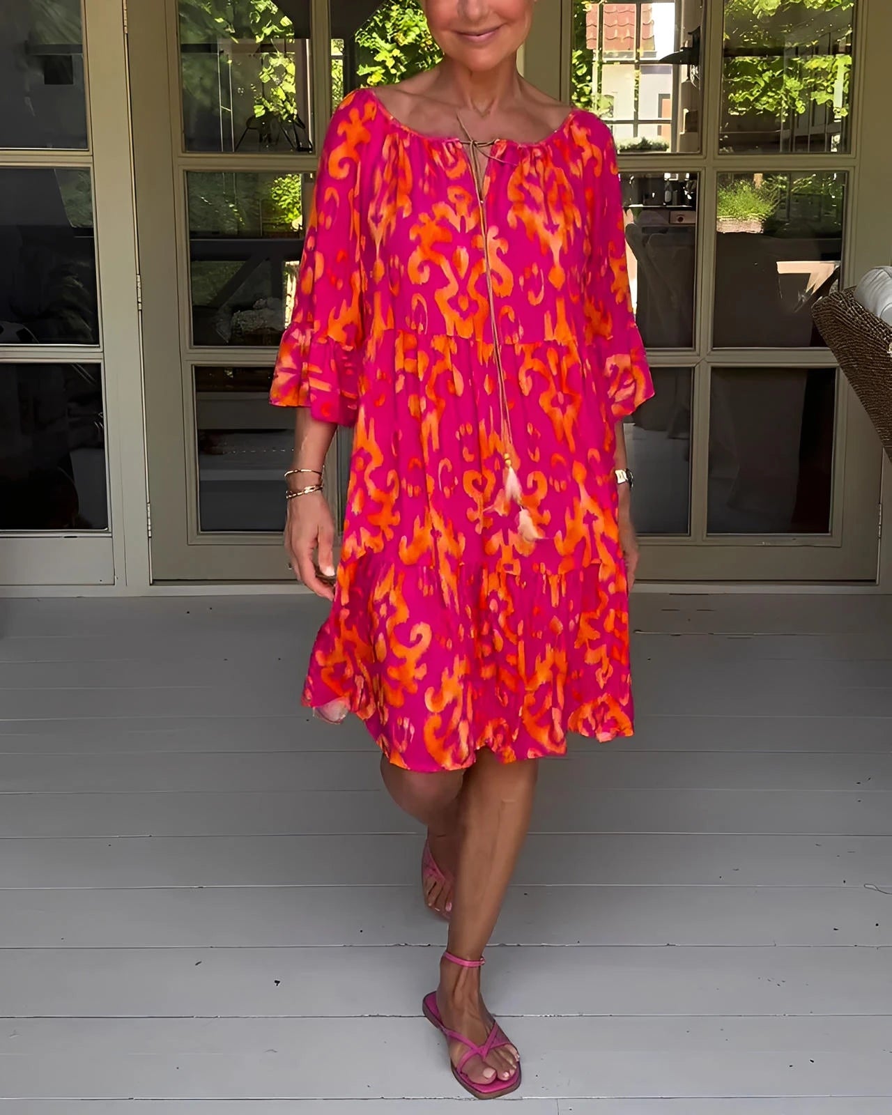 Printed Dress with Bell Sleeves & Relaxed Fit Silhouette