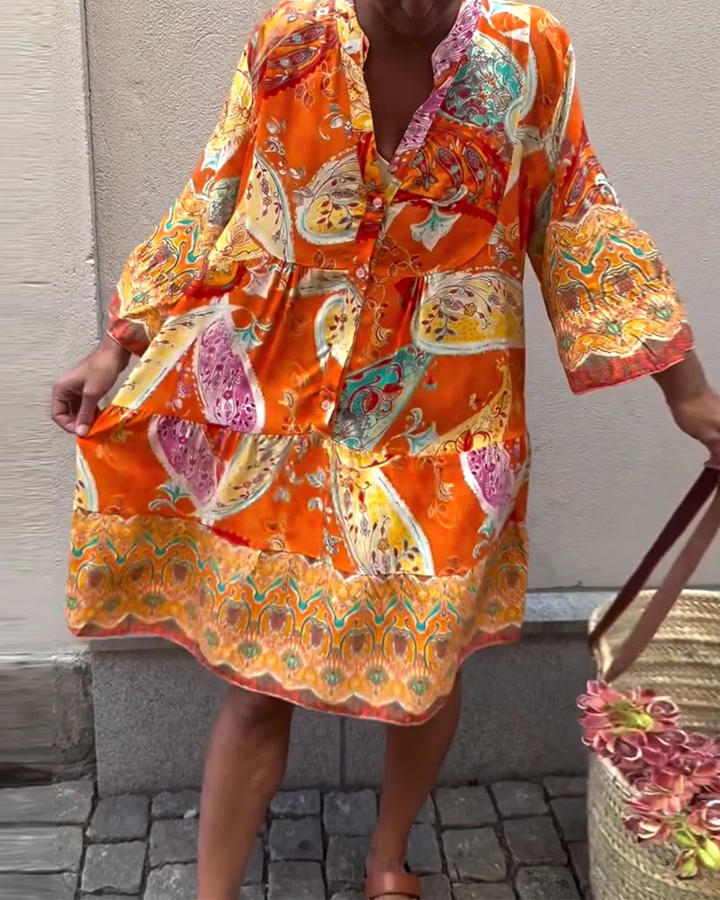 Bohemian Print Dress with Relaxed Fit & Long Sleeves