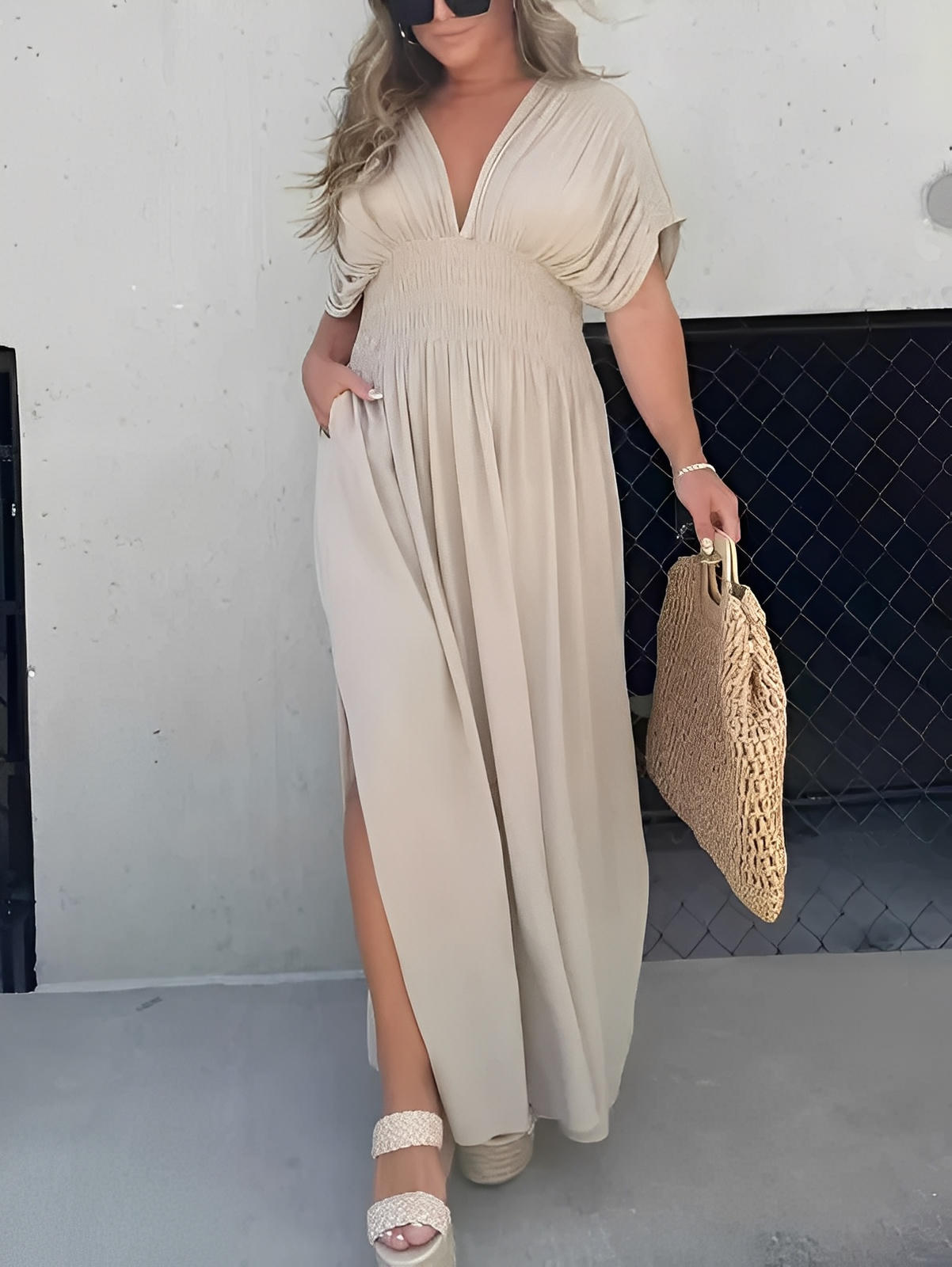 Bat Sleeve V-Neck Maxi Dress with Side Slit and Elastic Waist