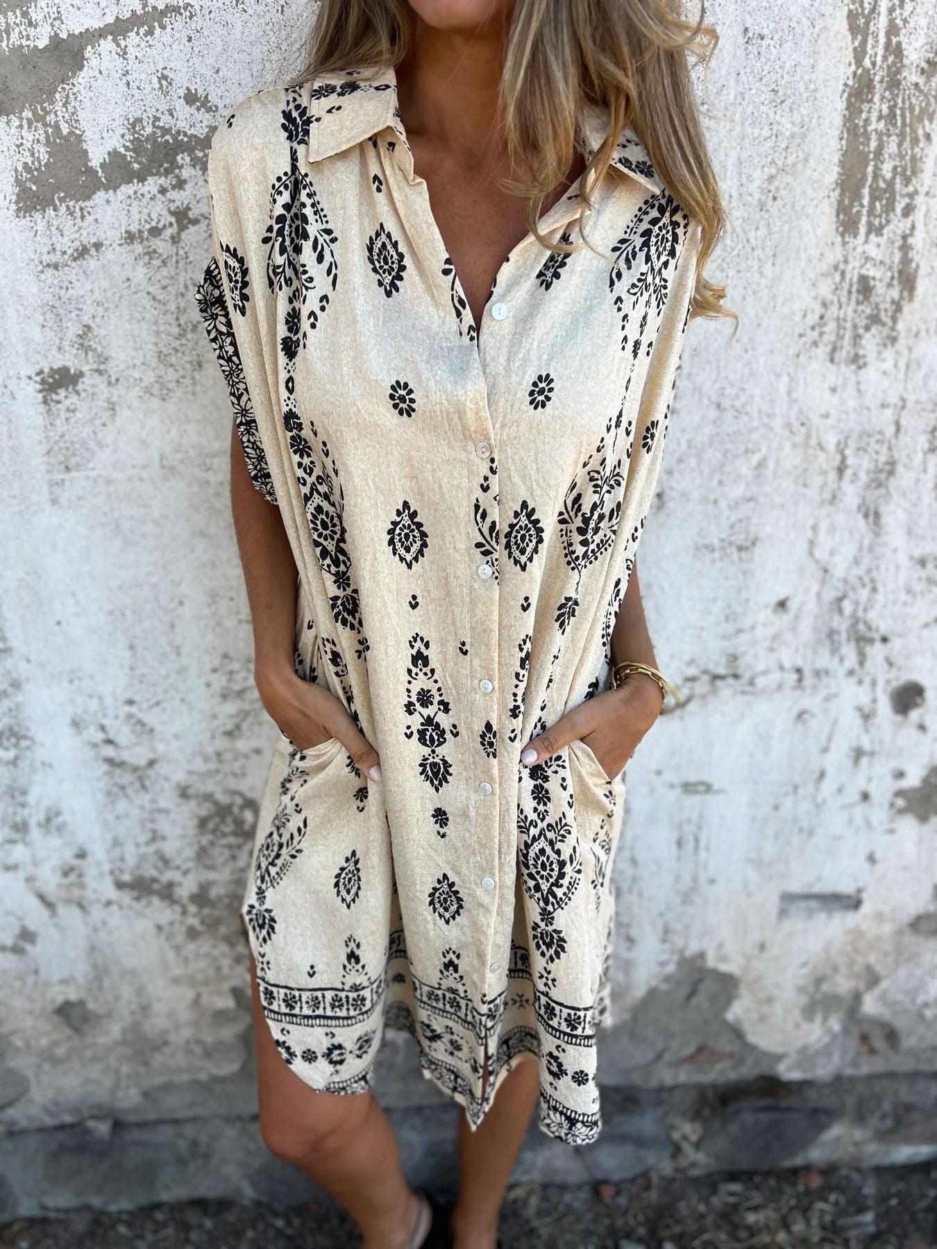 Loose Lapel Sleeveless Shirt Dress with Ethnic Print & Button Detail