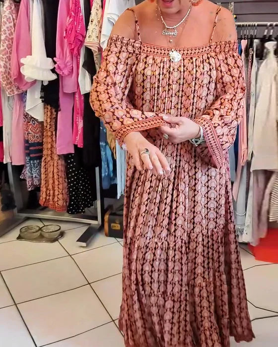 Boho Spaghetti Strap Loose-Fit Midi Dress with Flowy Silhouette