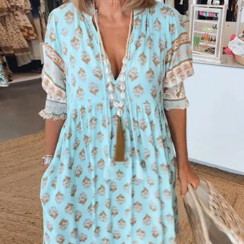Casual Printed V-Neck Dress with Half Sleeves & Relaxed Fit