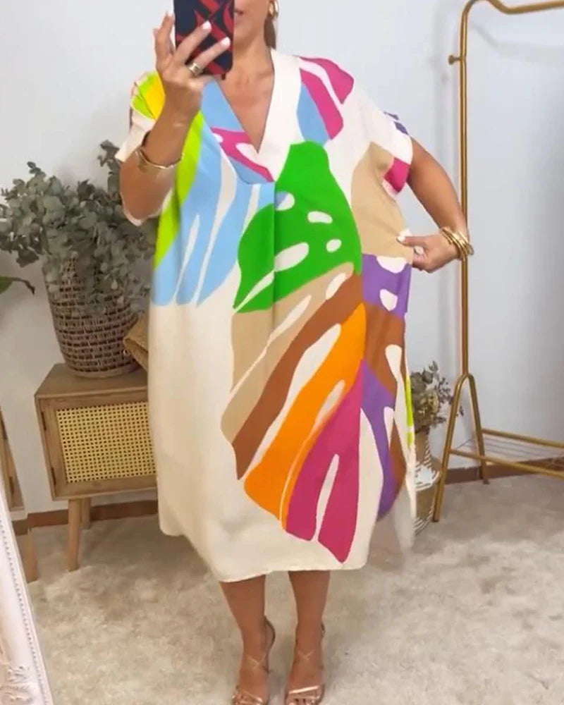 Colourful Relaxed Fit Dress with Leaf Print & Short Sleeves
