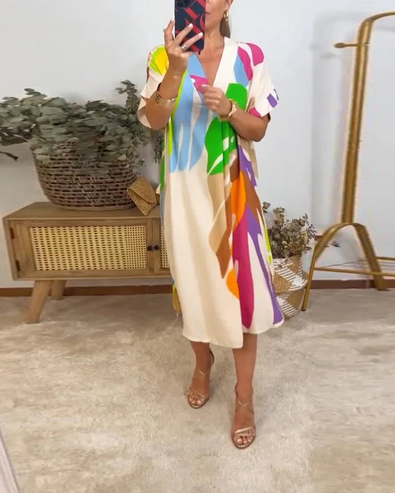 Colourful Relaxed Fit Dress with Leaf Print & Short Sleeves