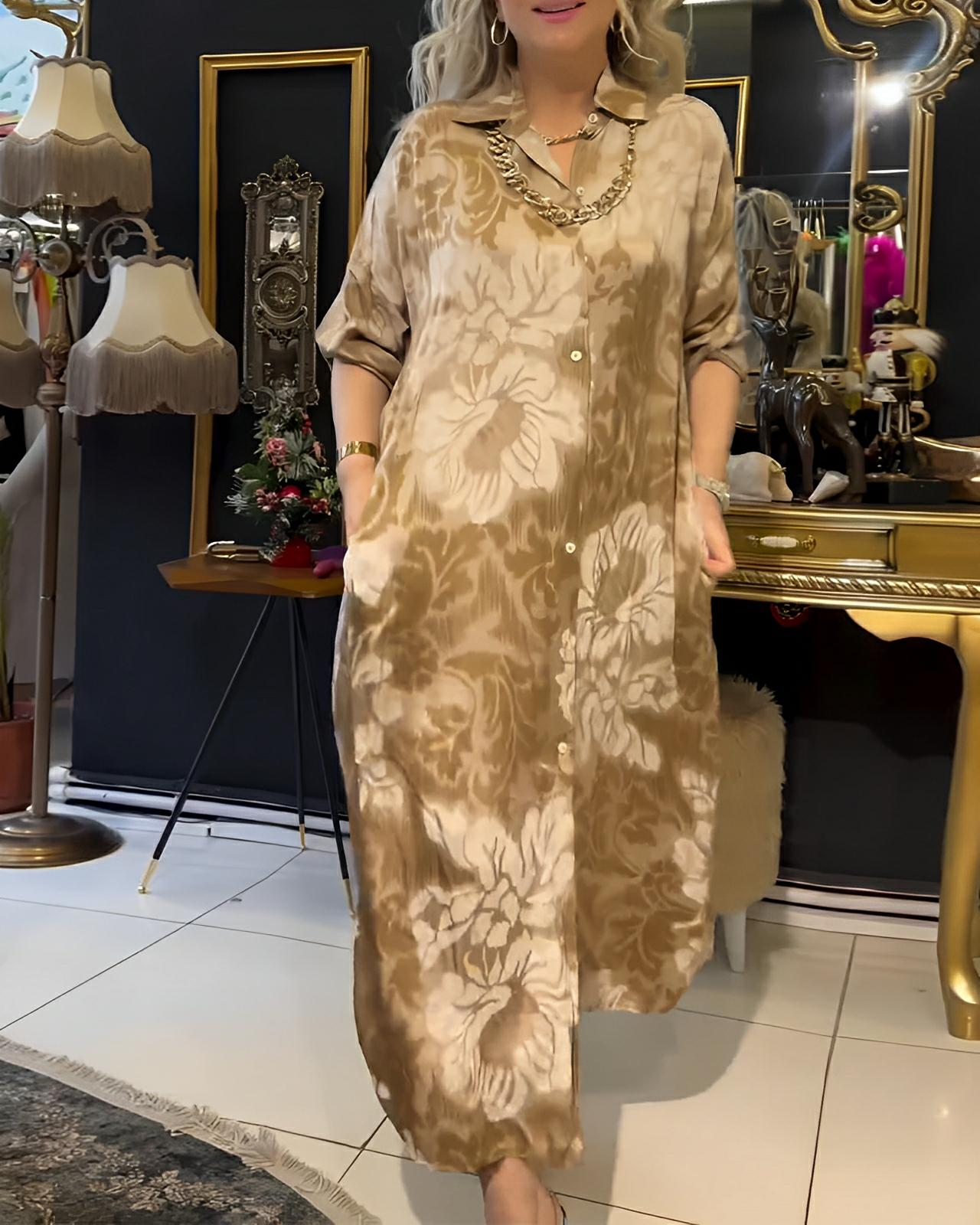 Vintage Print Dress with Lapel Button