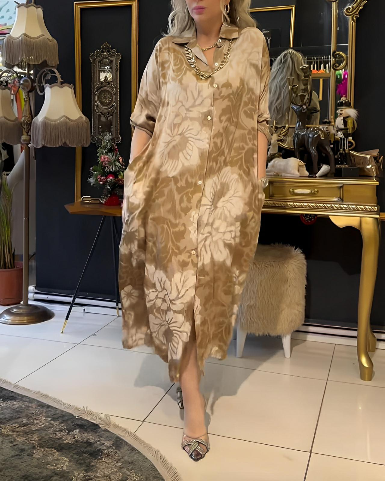 Vintage Print Dress with Lapel Button