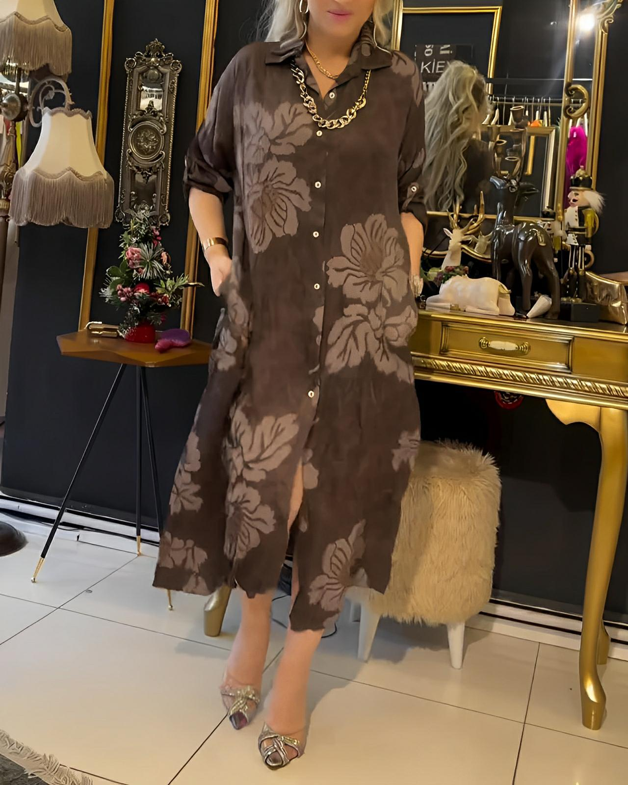 Vintage Print Dress with Lapel Button