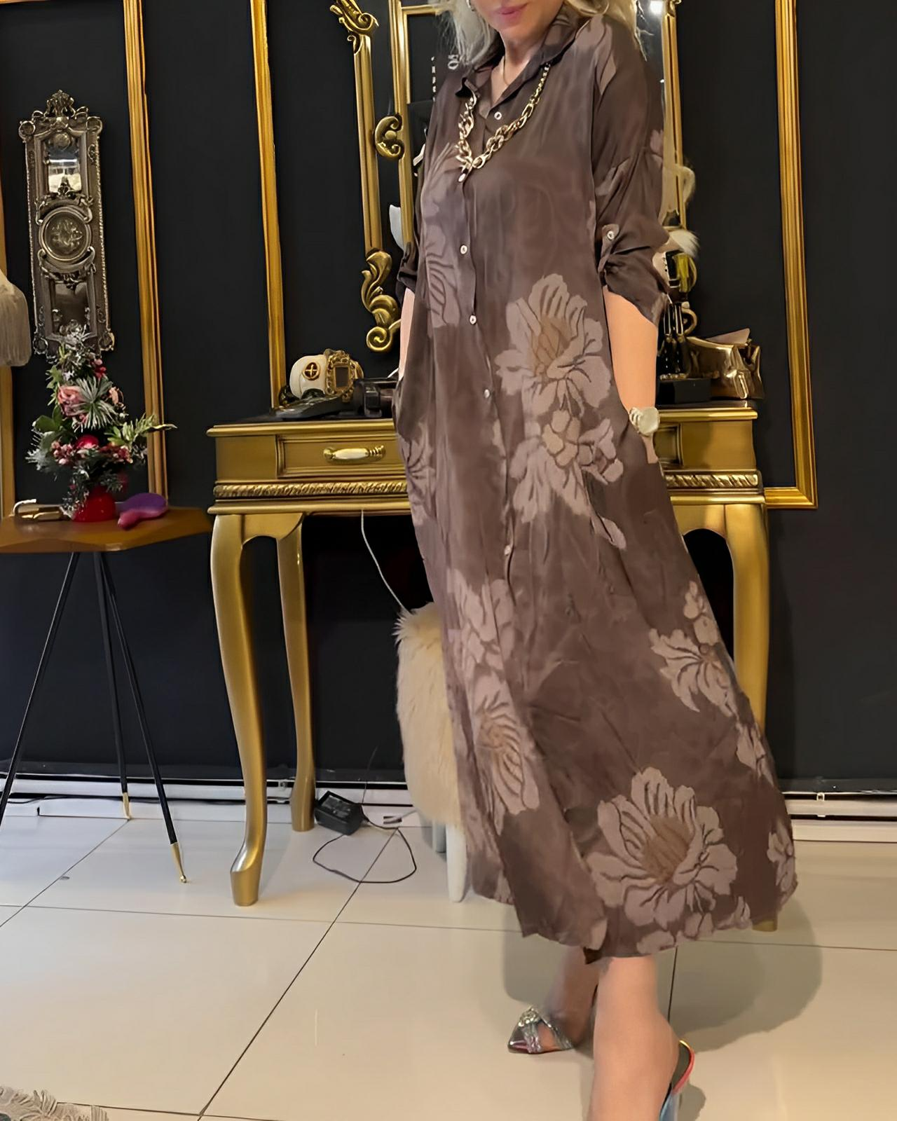 Vintage Print Dress with Lapel Button