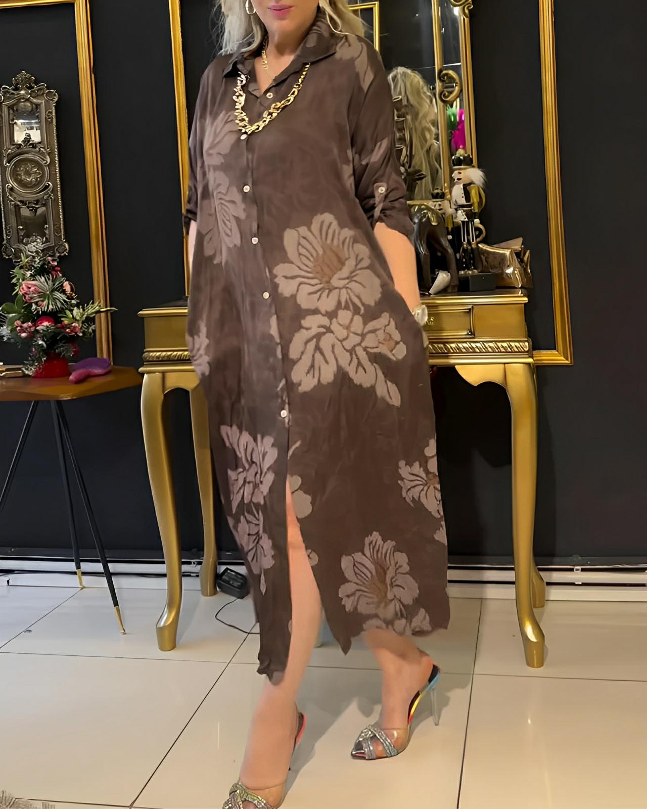 Vintage Print Dress with Lapel Button