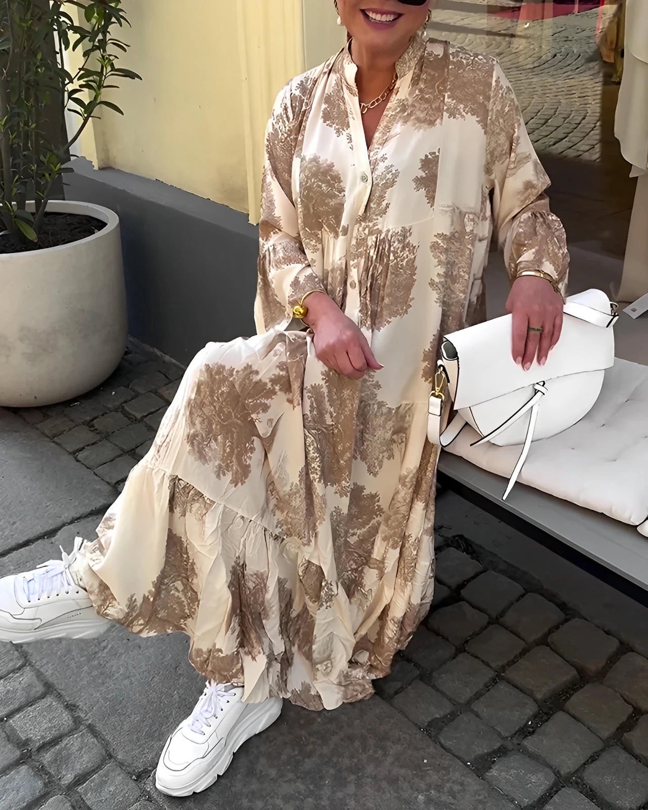 Loose Printed V-Neck Patchwork Dress with Flared Sleeves