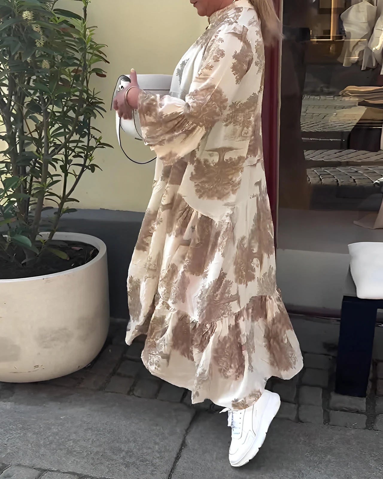 Loose Printed V-Neck Patchwork Dress with Flared Sleeves