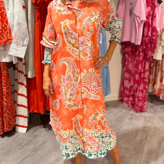 High Neck Long Sleeve Dress with Cashew Paisley Print