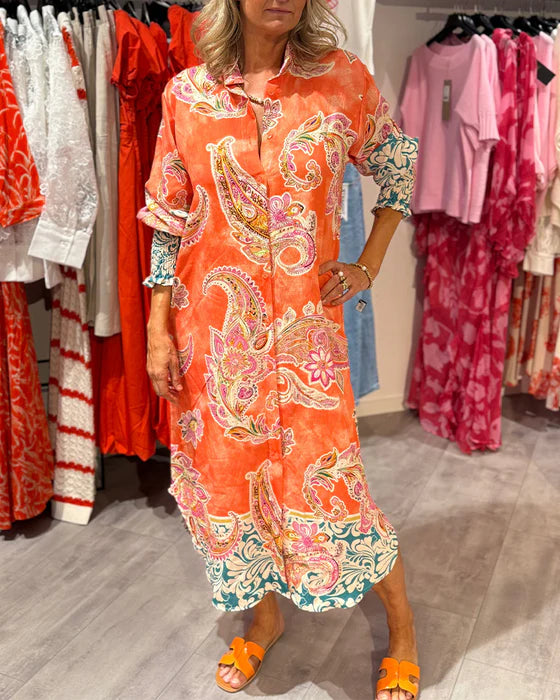 High Neck Long Sleeve Dress with Cashew Paisley Print