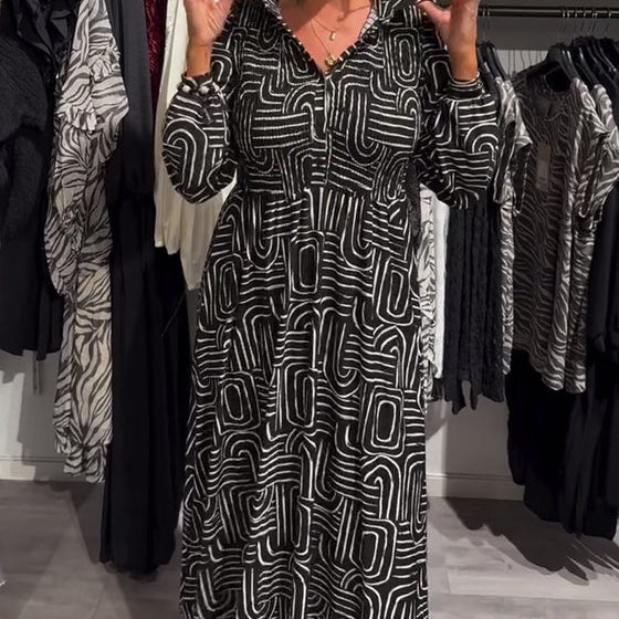 Printed Dress with Lapel Collar & Fashion Detailing