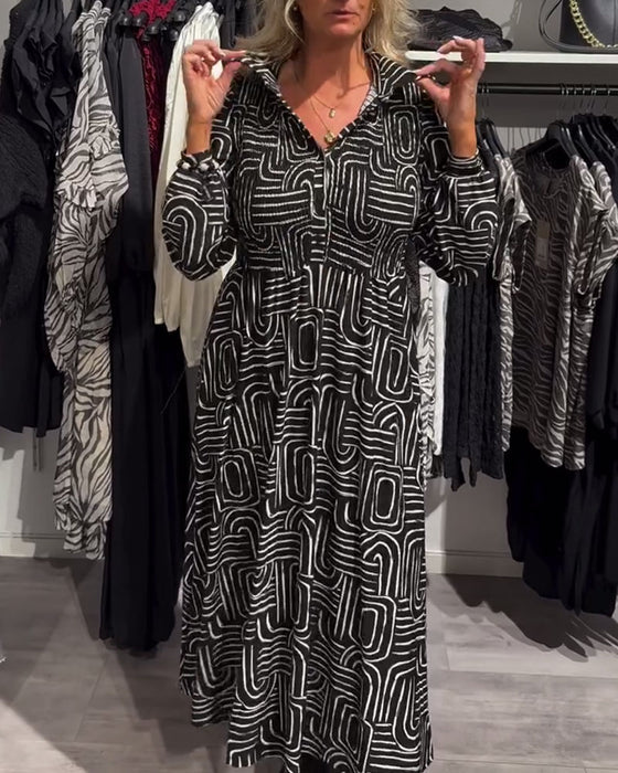 Printed Dress with Lapel Collar & Fashion Detailing