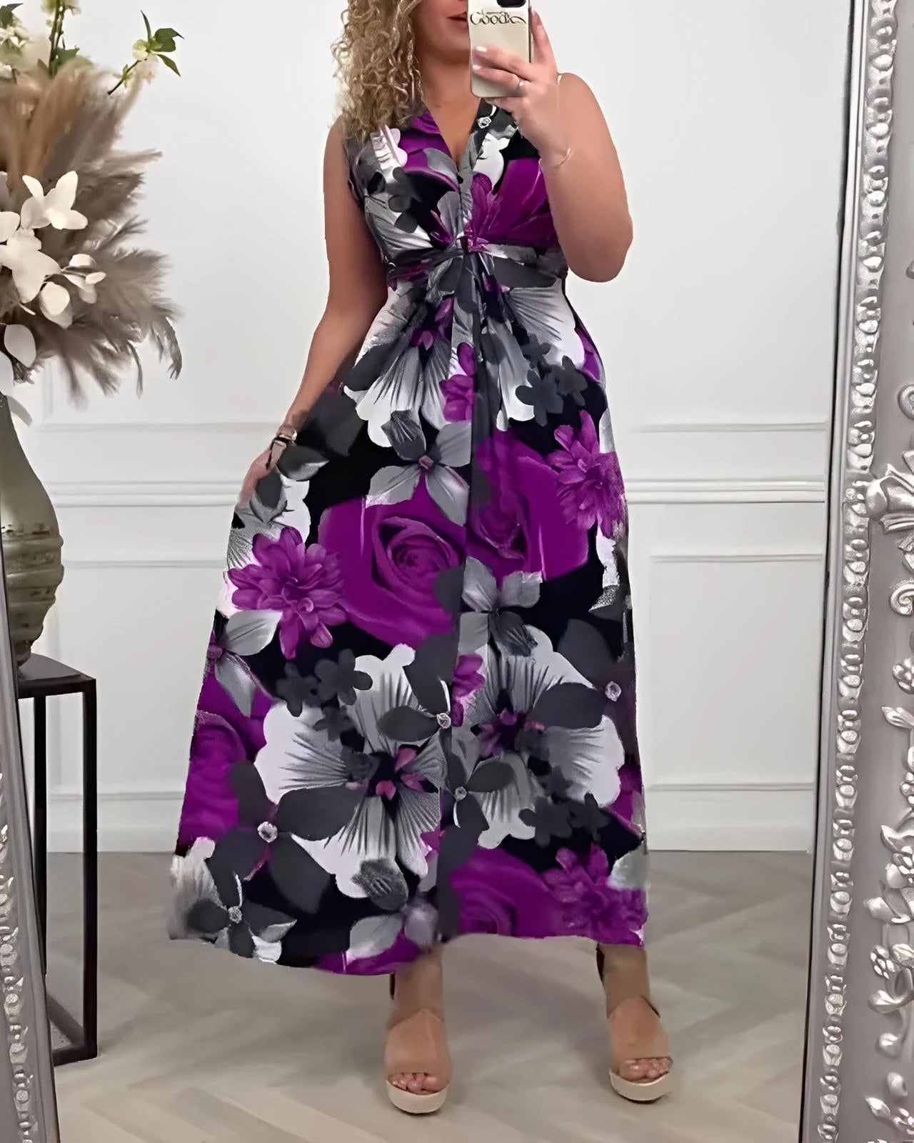 Sleeveless Pleated Floral Midi Dress with Cinched Waist & High Neckline