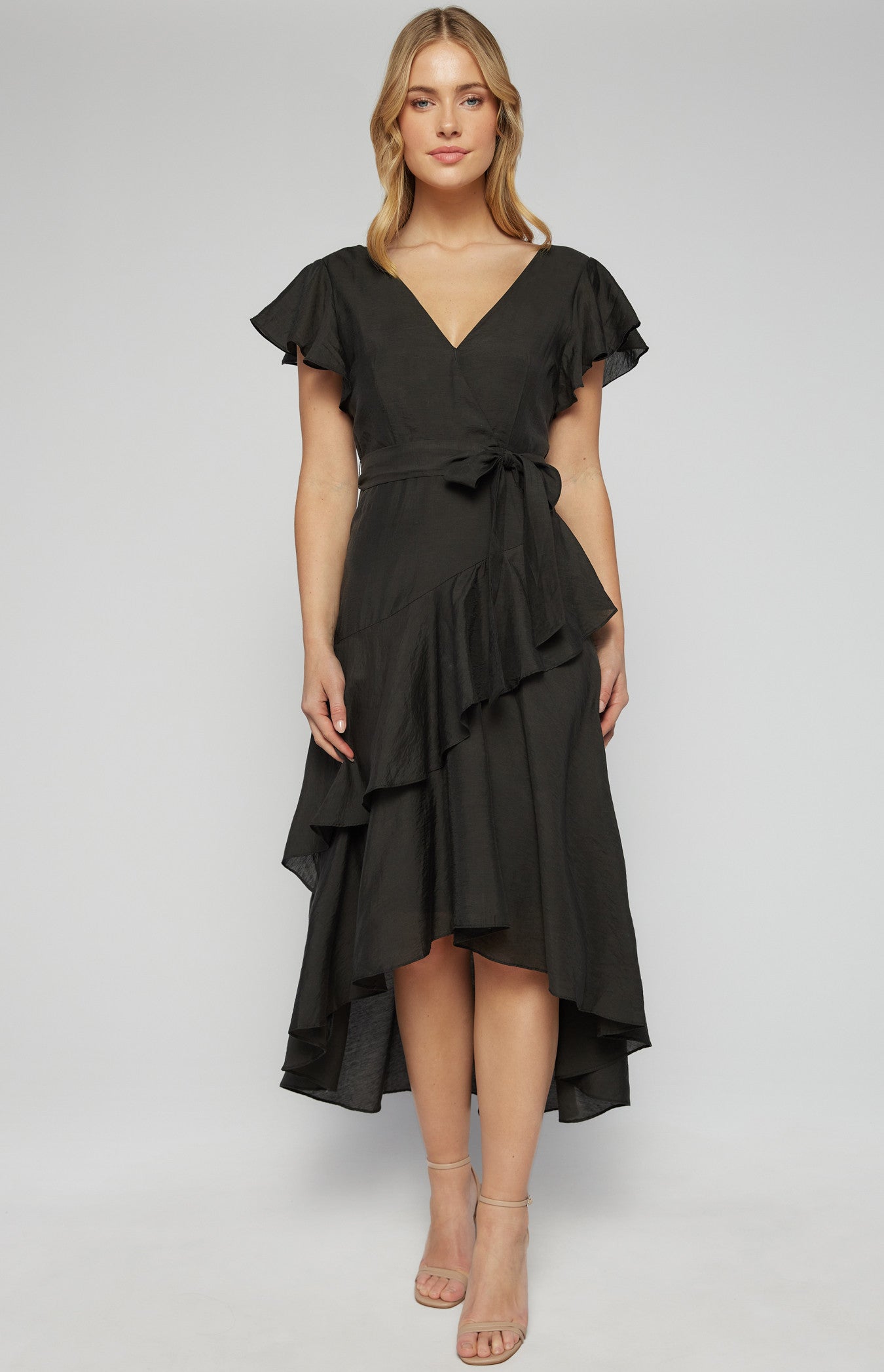 Textured Waterfall Frill Hem Midi Dress