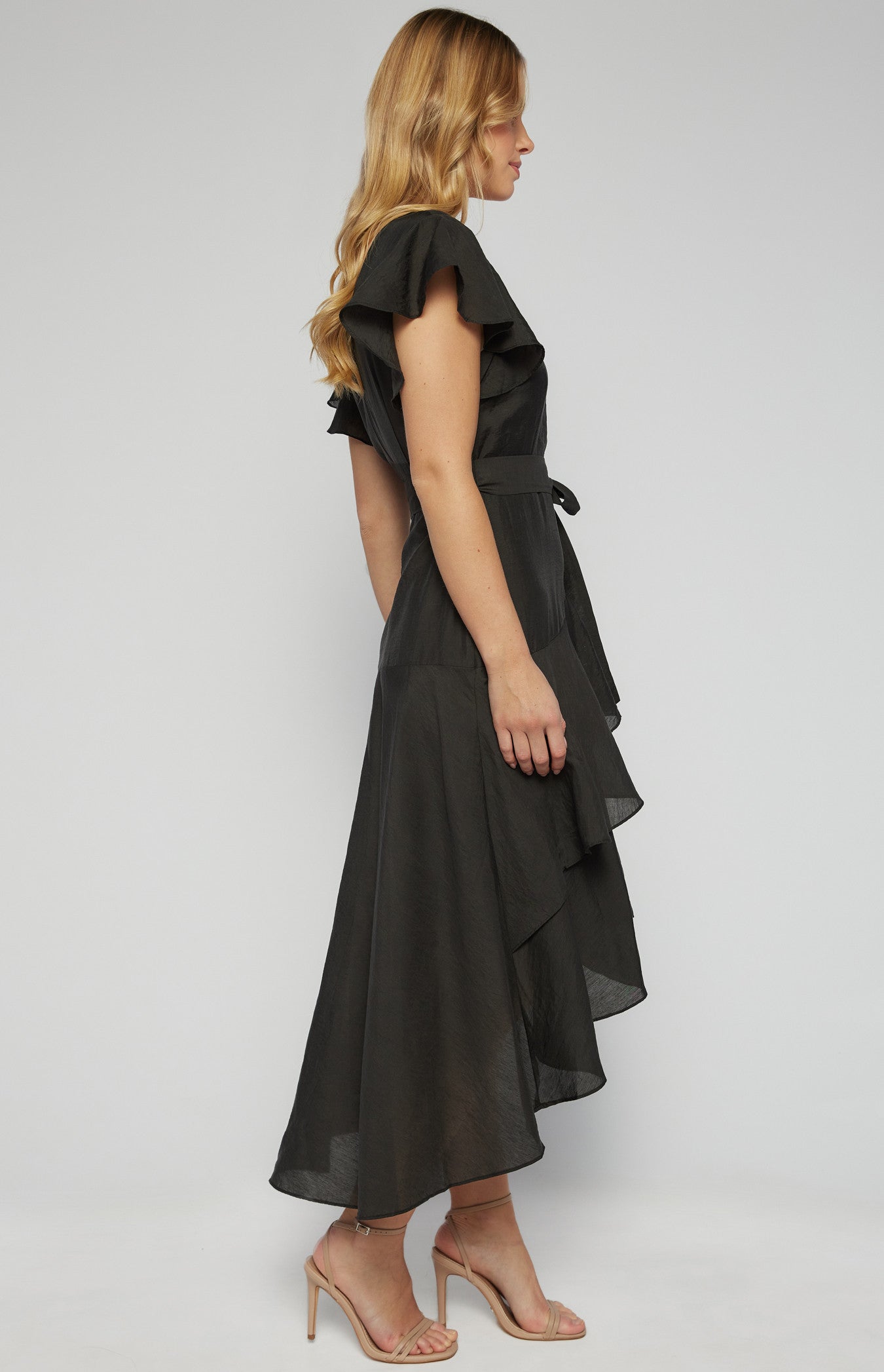 Textured Waterfall Frill Hem Midi Dress