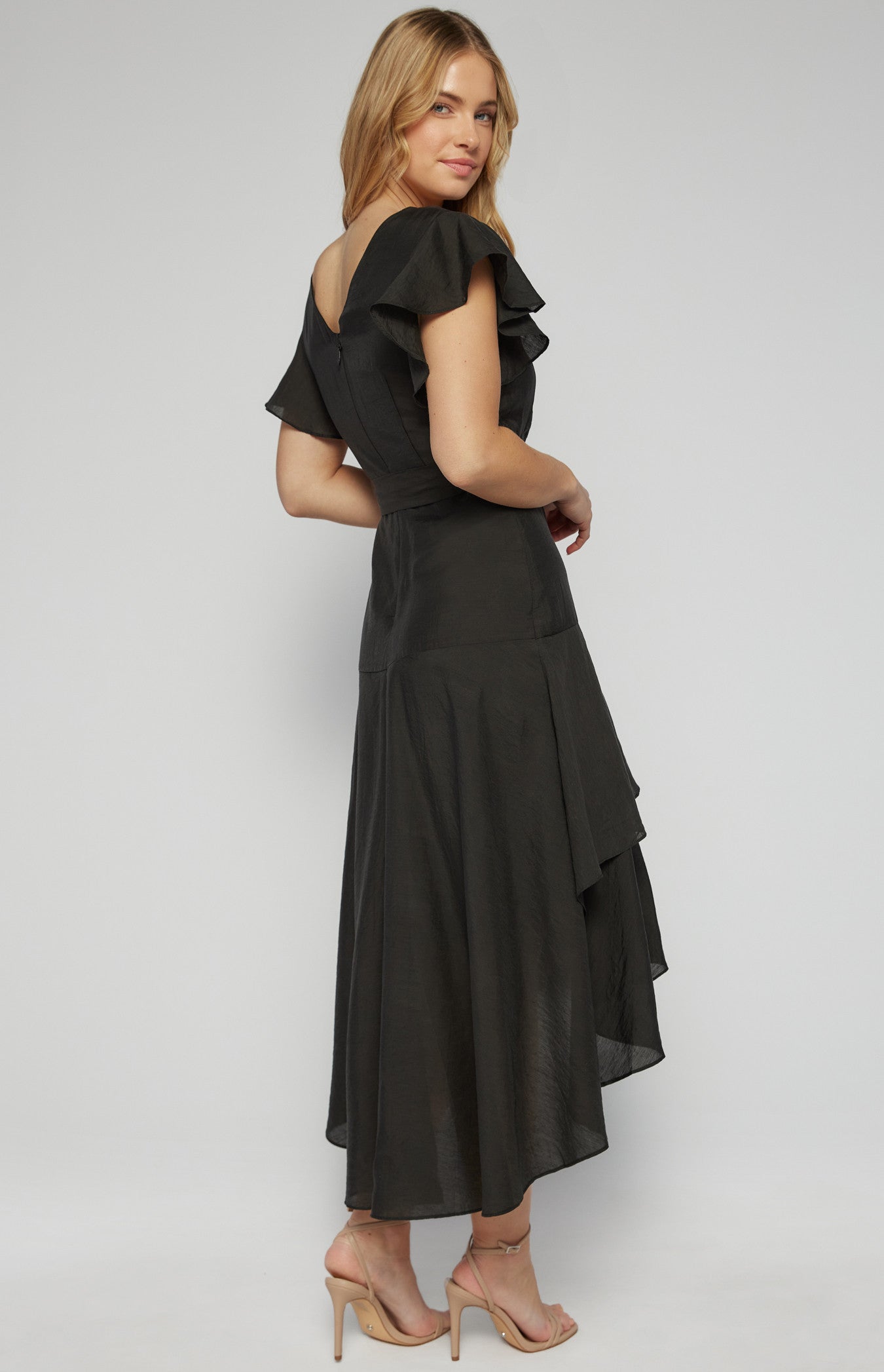 Textured Waterfall Frill Hem Midi Dress