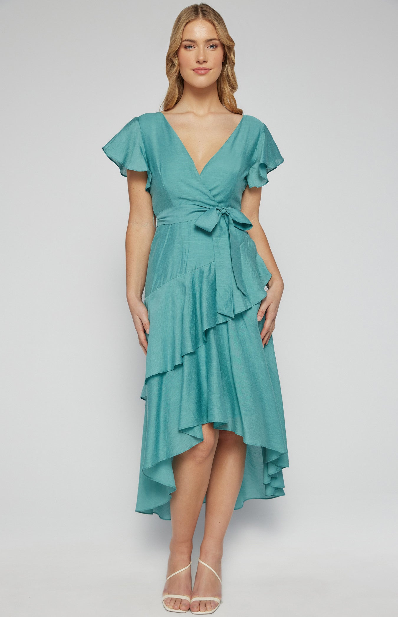 Textured Waterfall Frill Hem Midi Dress