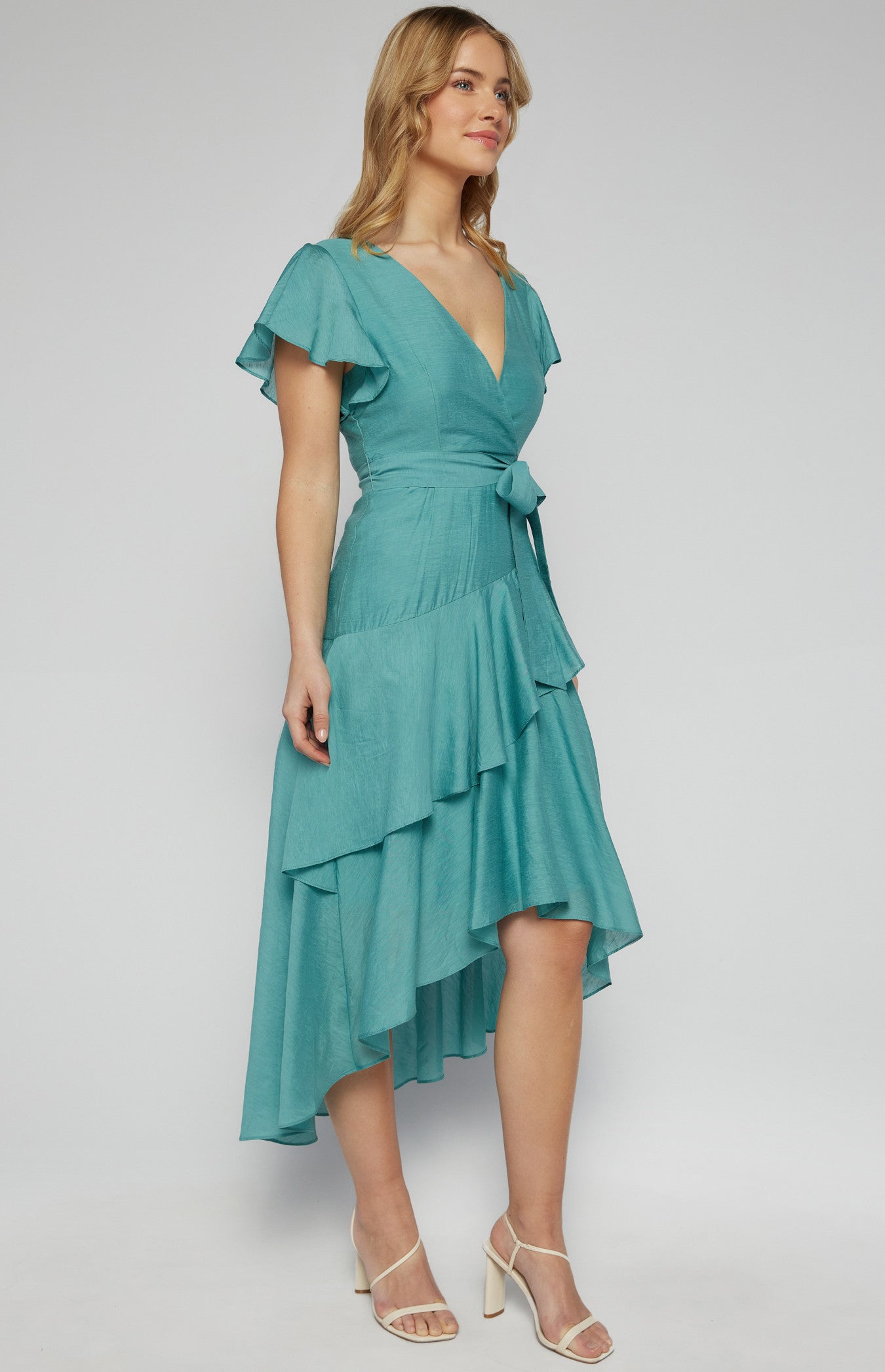 Textured Waterfall Frill Hem Midi Dress