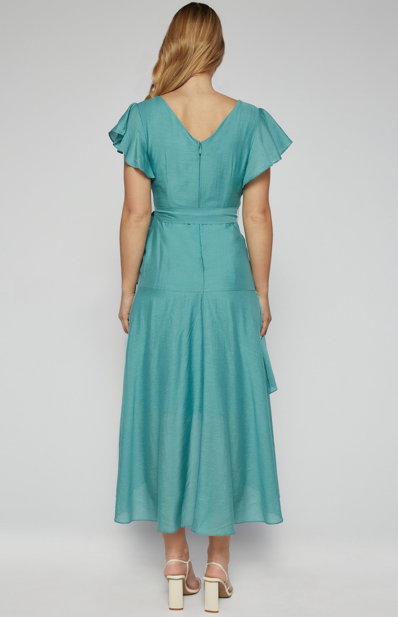 Textured Waterfall Frill Hem Midi Dress