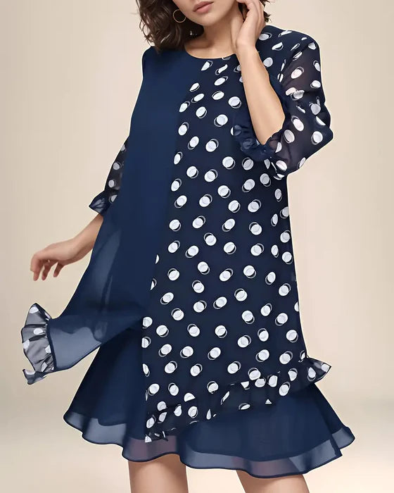 Polka Dot Patchwork Dress with Long Sleeves & Relaxed Fit
