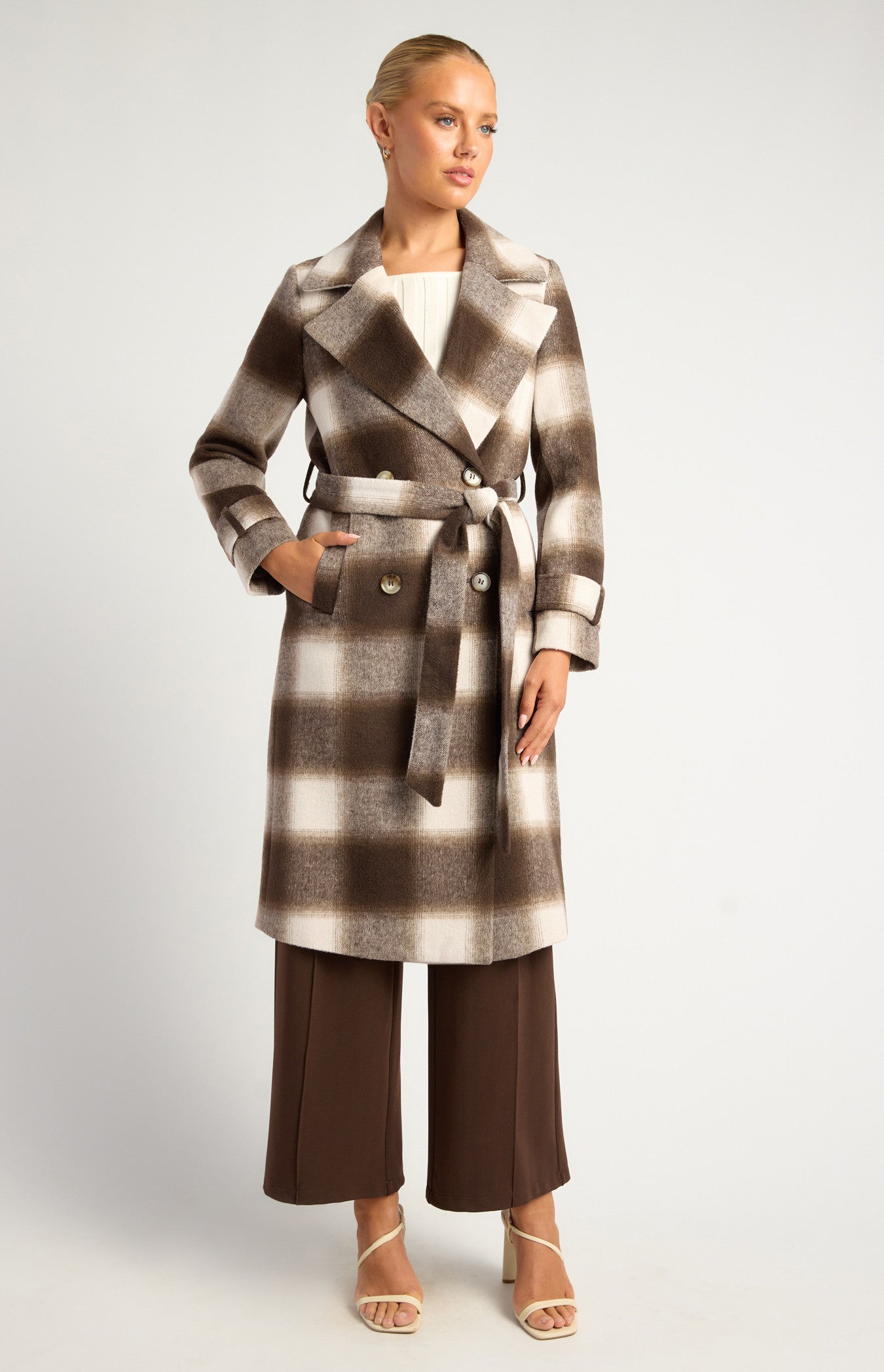 Checkered Double Breasted Faux Wool Coat