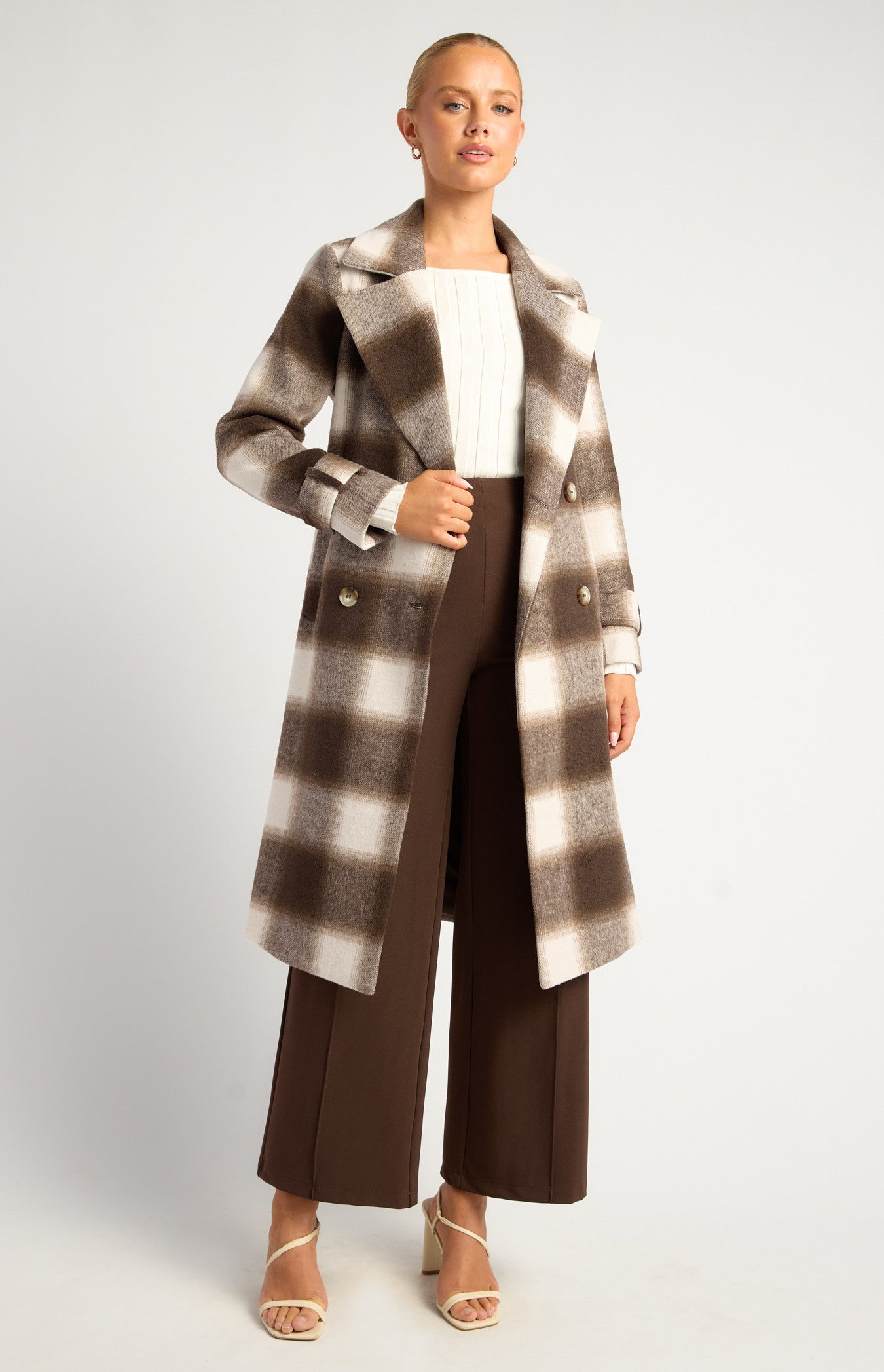 Checkered Double Breasted Faux Wool Coat