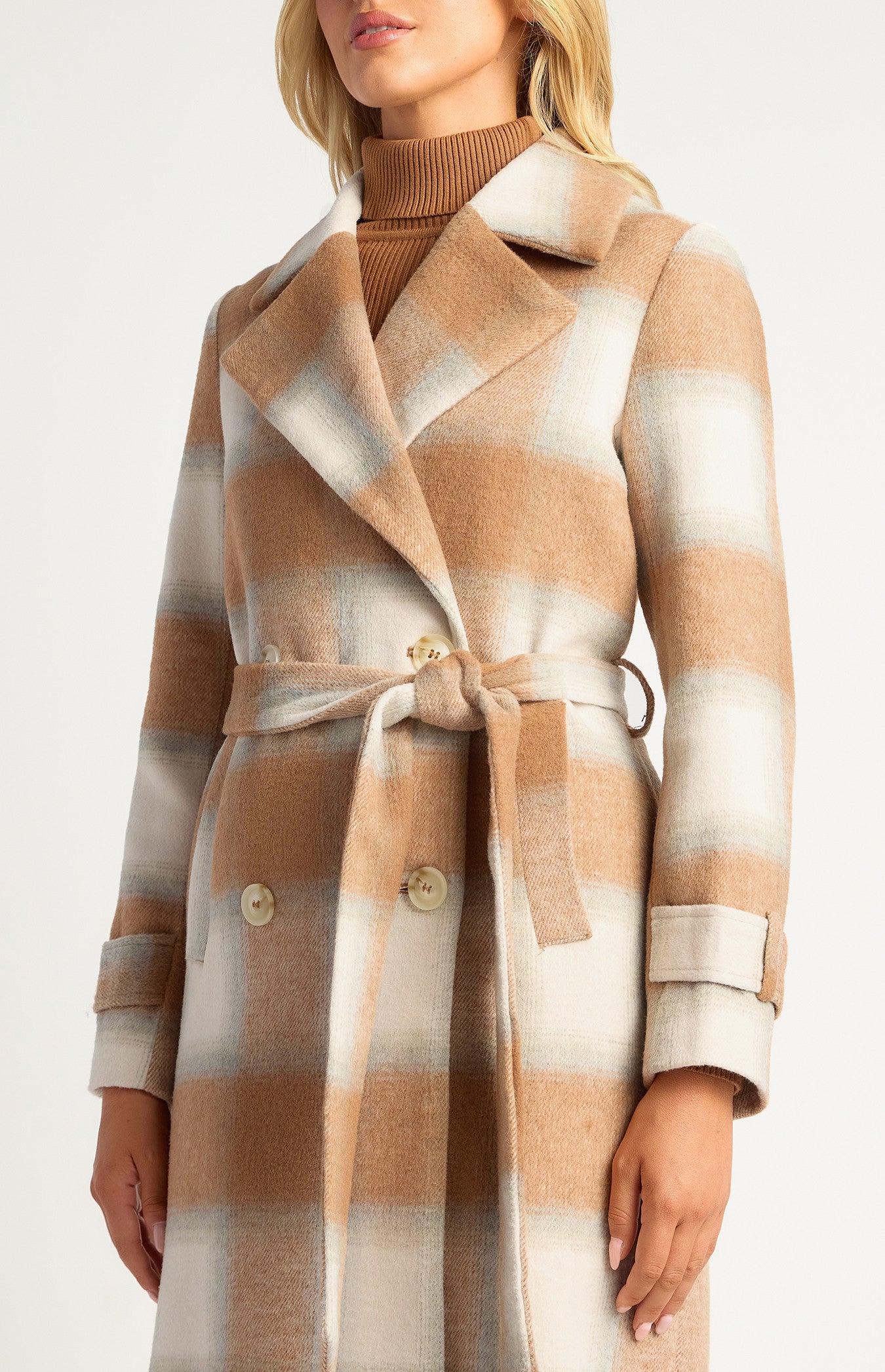 Checkered Double Breasted Faux Wool Coat