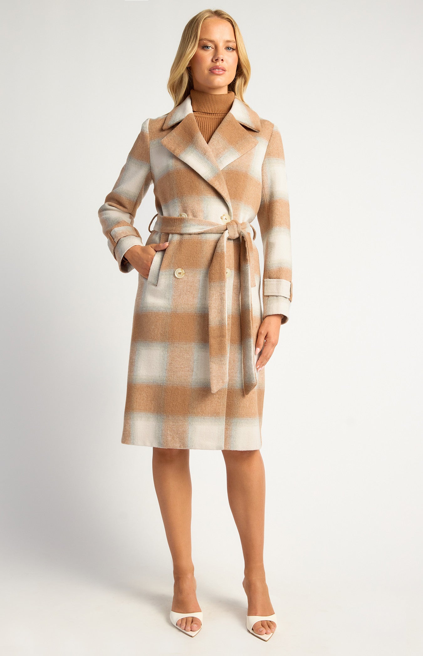 Checkered Double Breasted Faux Wool Coat