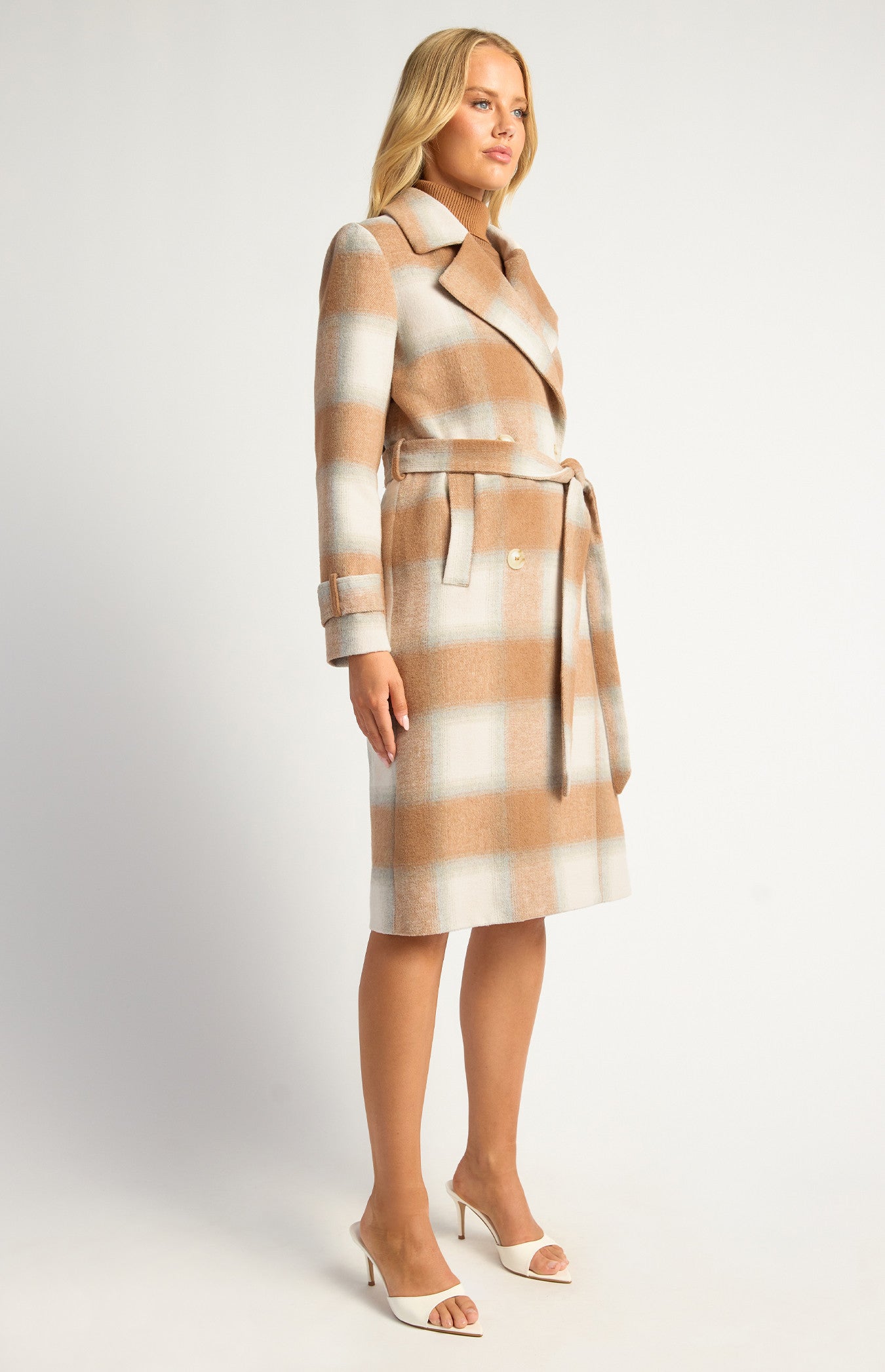 Checkered Double Breasted Faux Wool Coat
