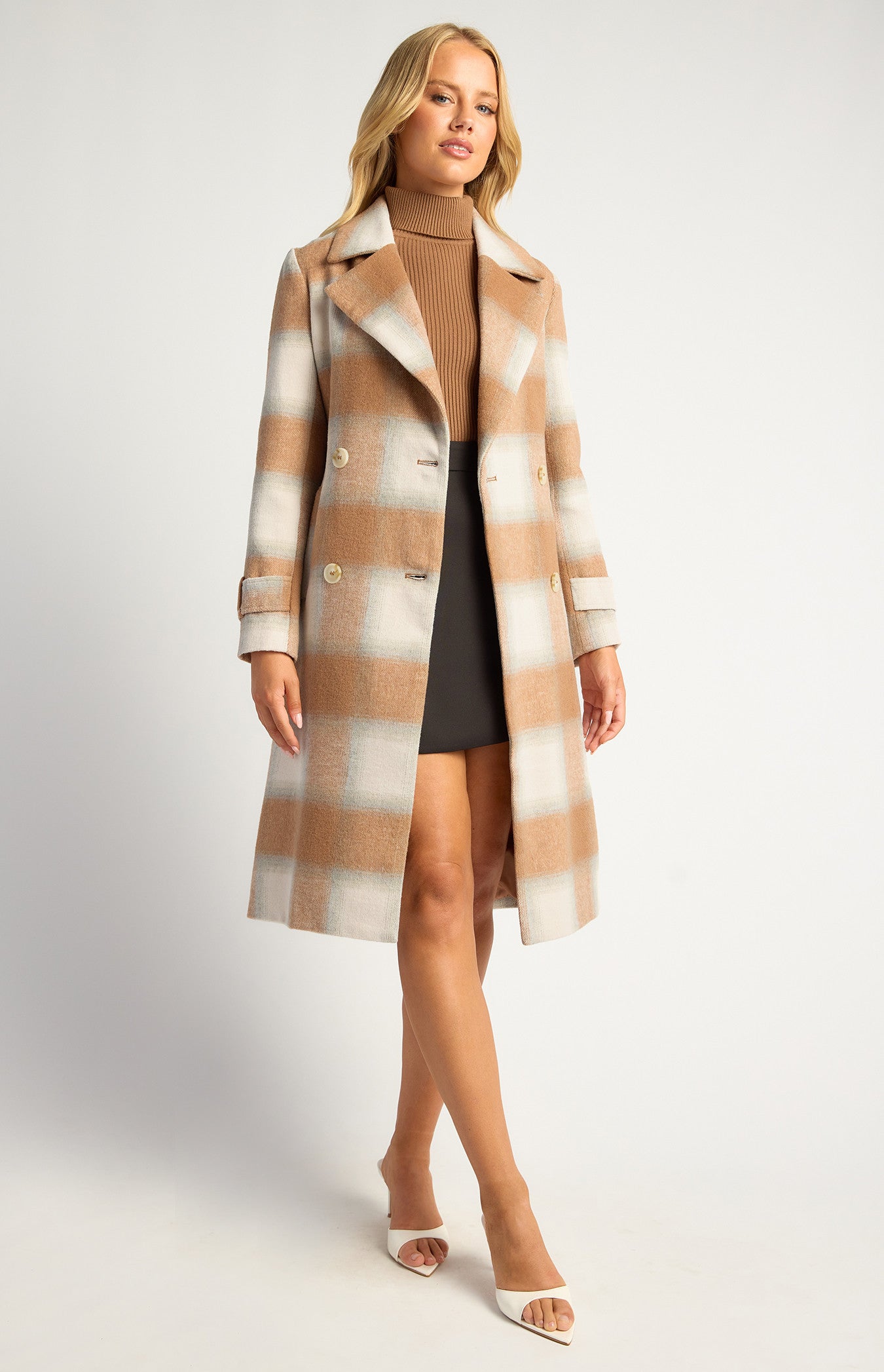Checkered Double Breasted Faux Wool Coat