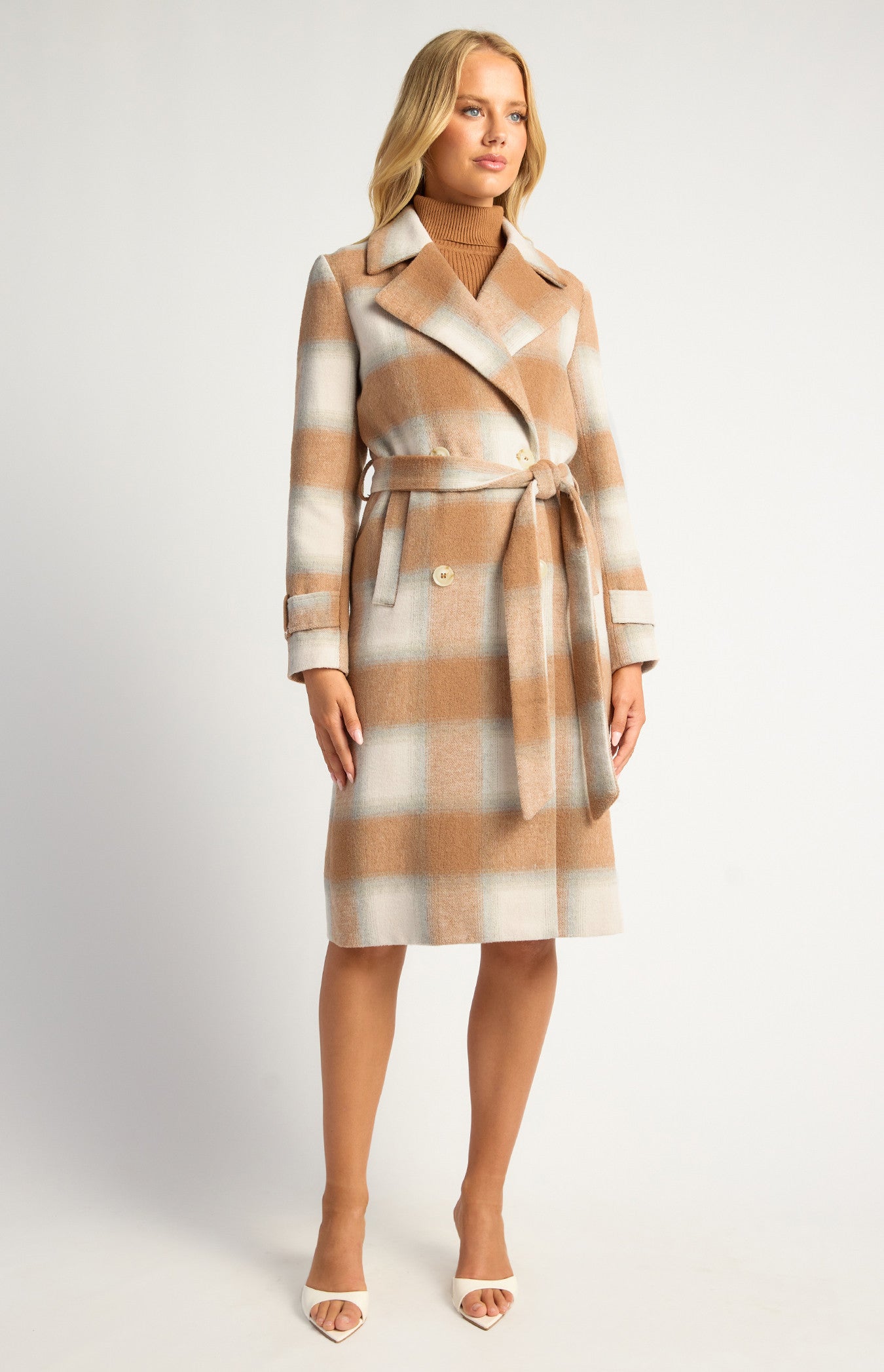 Checkered Double Breasted Faux Wool Coat