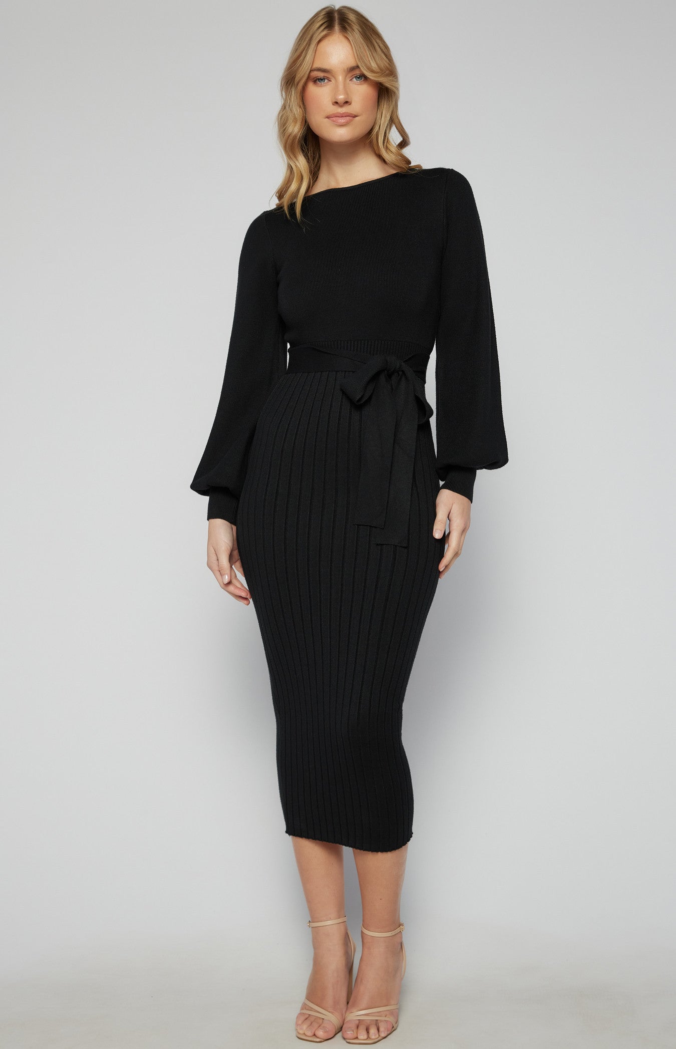 Boat Neckline Bubble Sleeve Contrast Knit Midi Dress