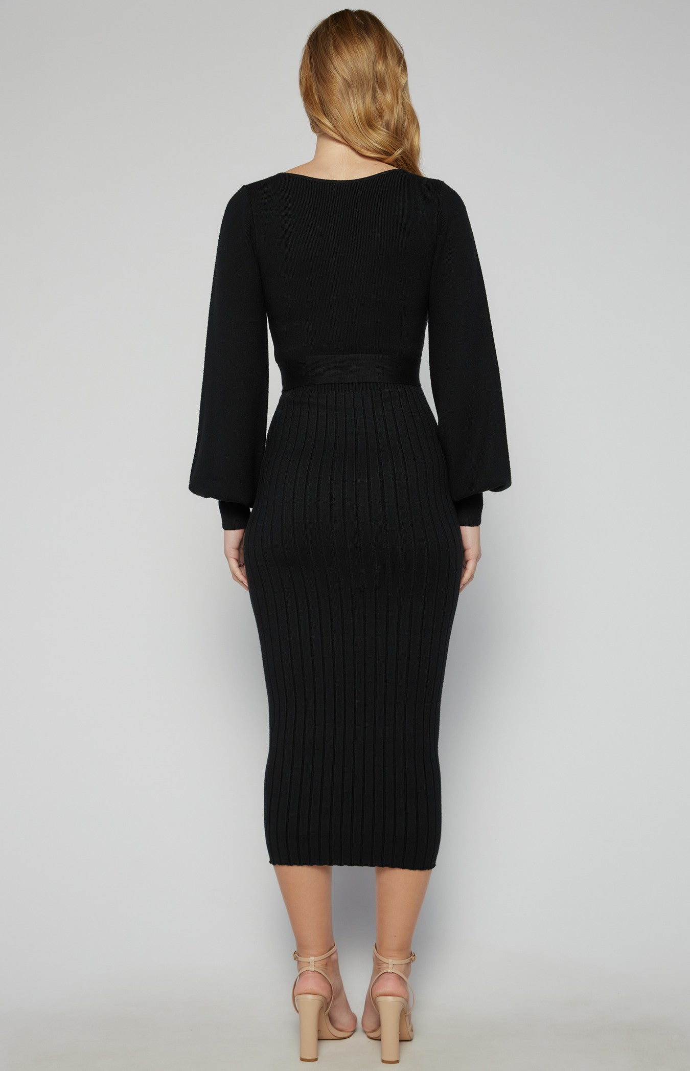 Boat Neckline Bubble Sleeve Contrast Knit Midi Dress