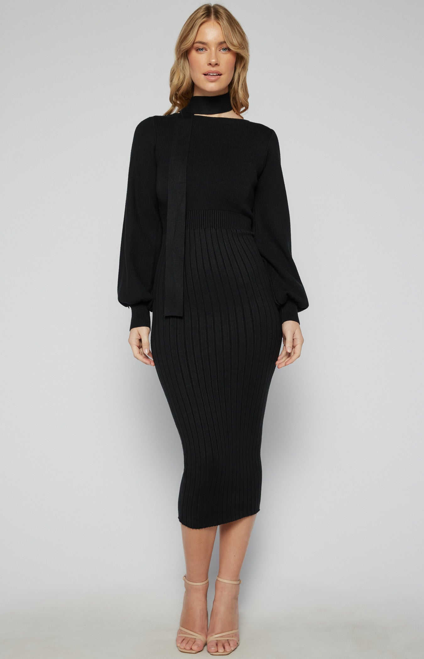 Boat Neckline Bubble Sleeve Contrast Knit Midi Dress