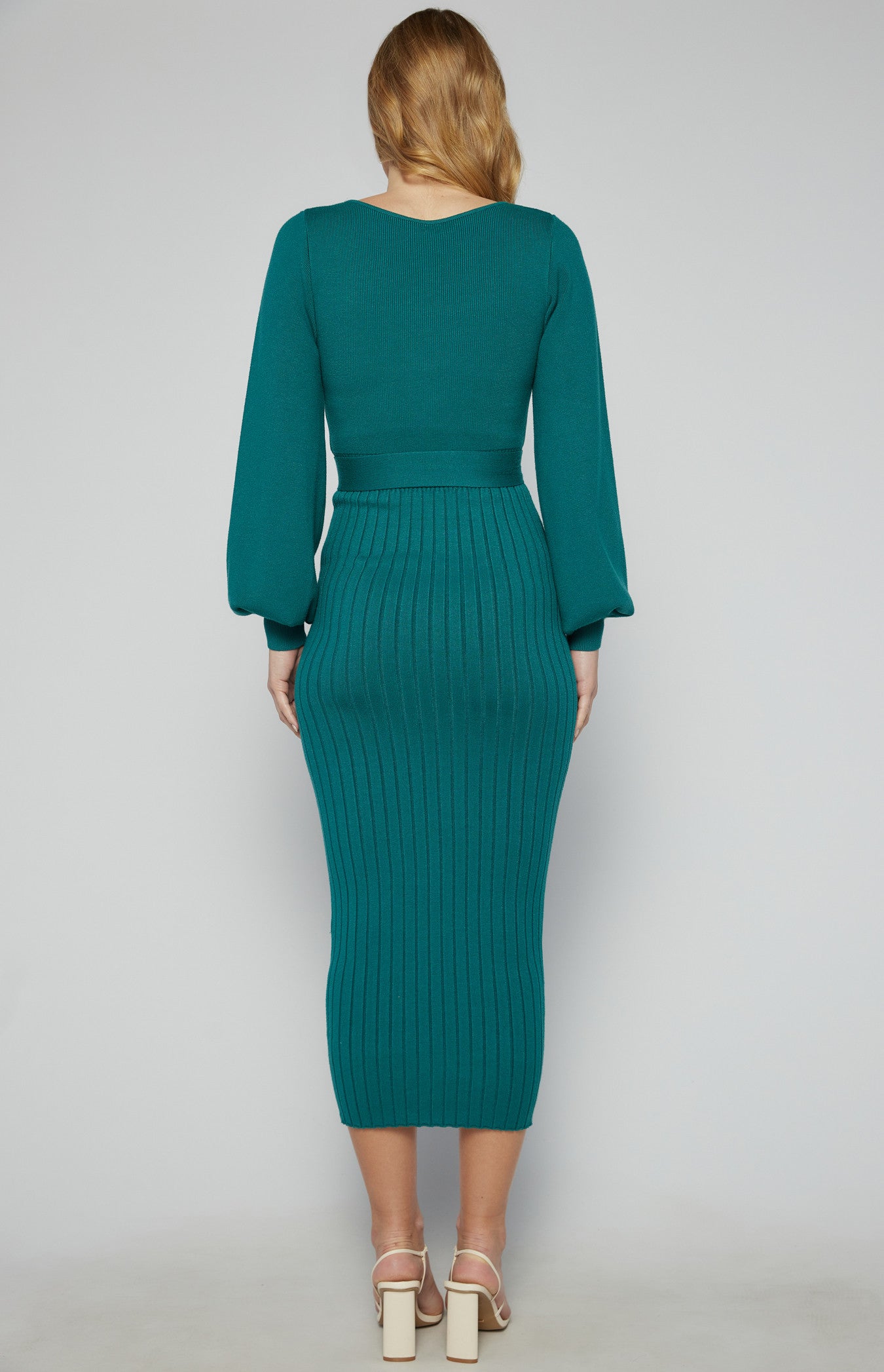 Boat Neckline Bubble Sleeve Contrast Knit Midi Dress