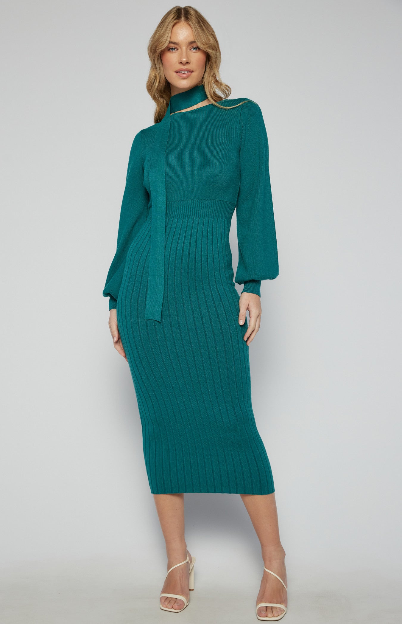 Boat Neckline Bubble Sleeve Contrast Knit Midi Dress
