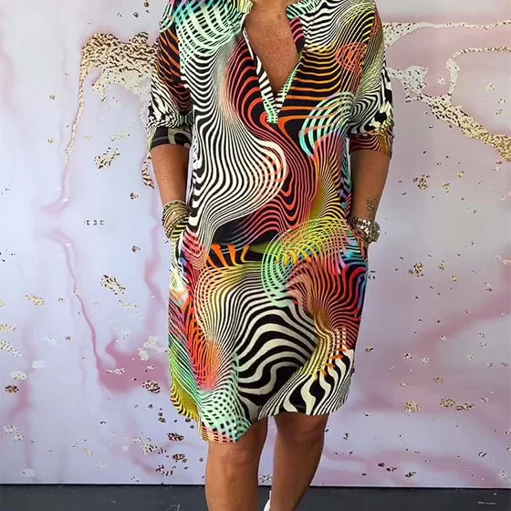 Colourful Printed Dress with V-Neckline Half Sleeves & Pockets