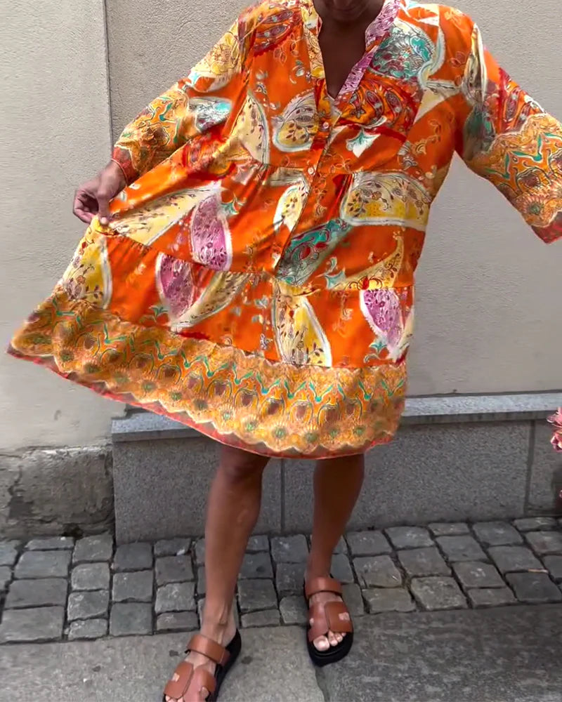 Bohemian Print Dress with Relaxed Fit & Long Sleeves