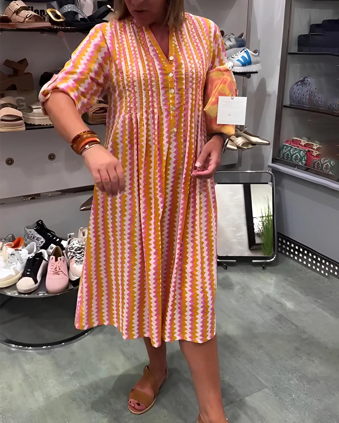 Wave Pattern Knit Dress with Long Sleeves and Side Split