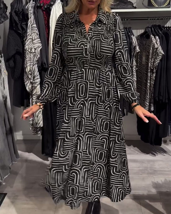 Printed Dress with Lapel Collar & Fashion Detailing