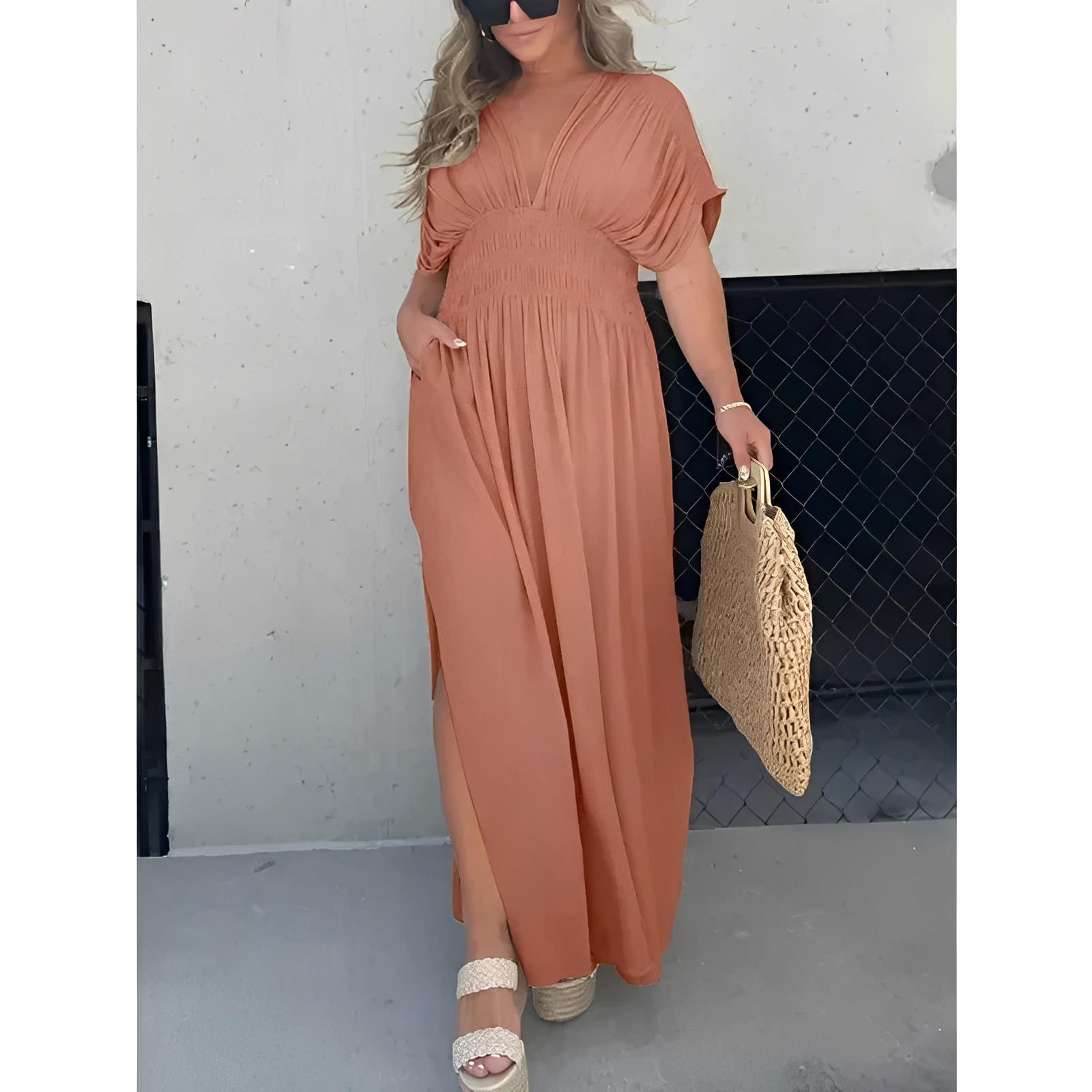 Bat Sleeve V-Neck Maxi Dress with Side Slit and Elastic Waist