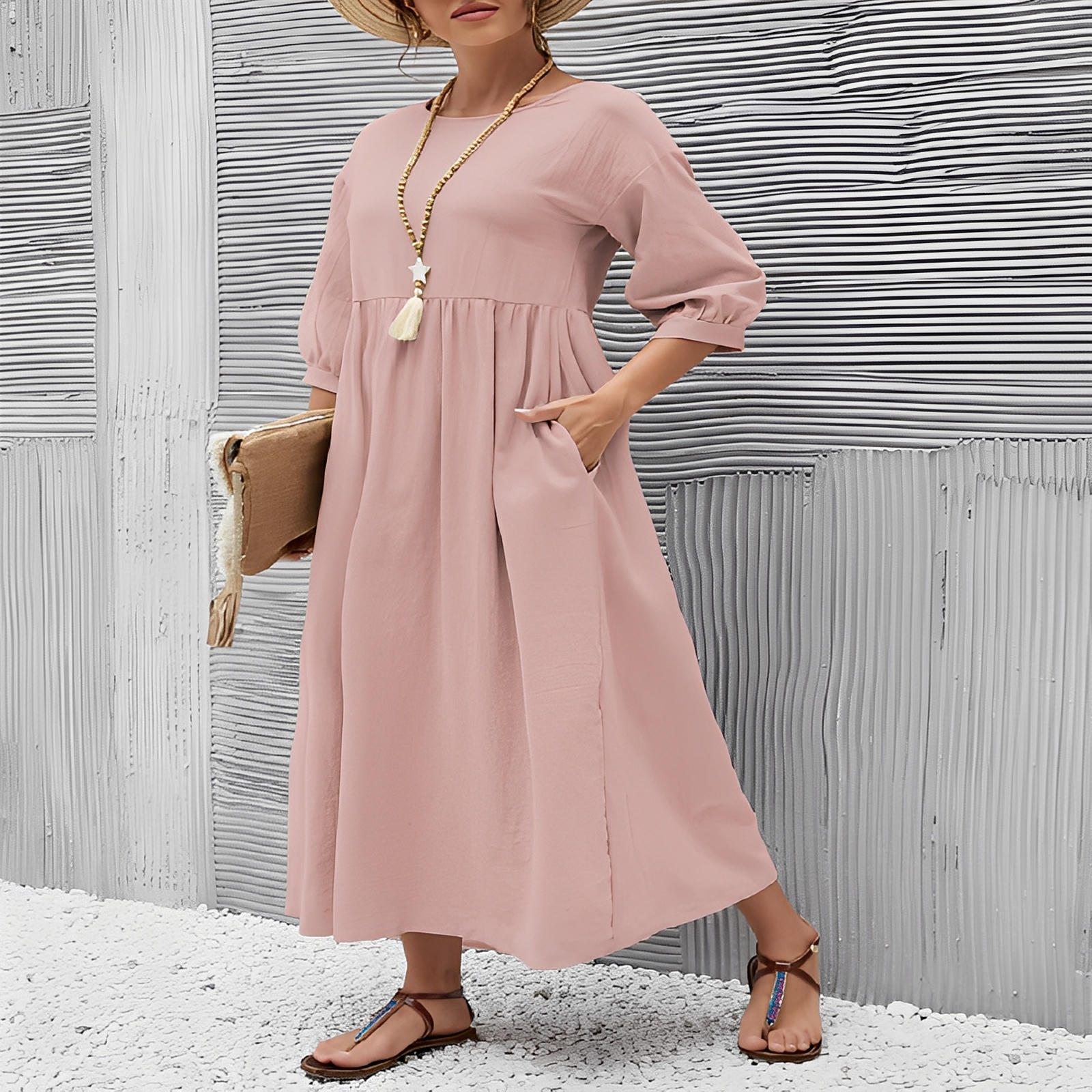 Summer Short-Sleeved A-Line Dress with Pockets & Round Neck