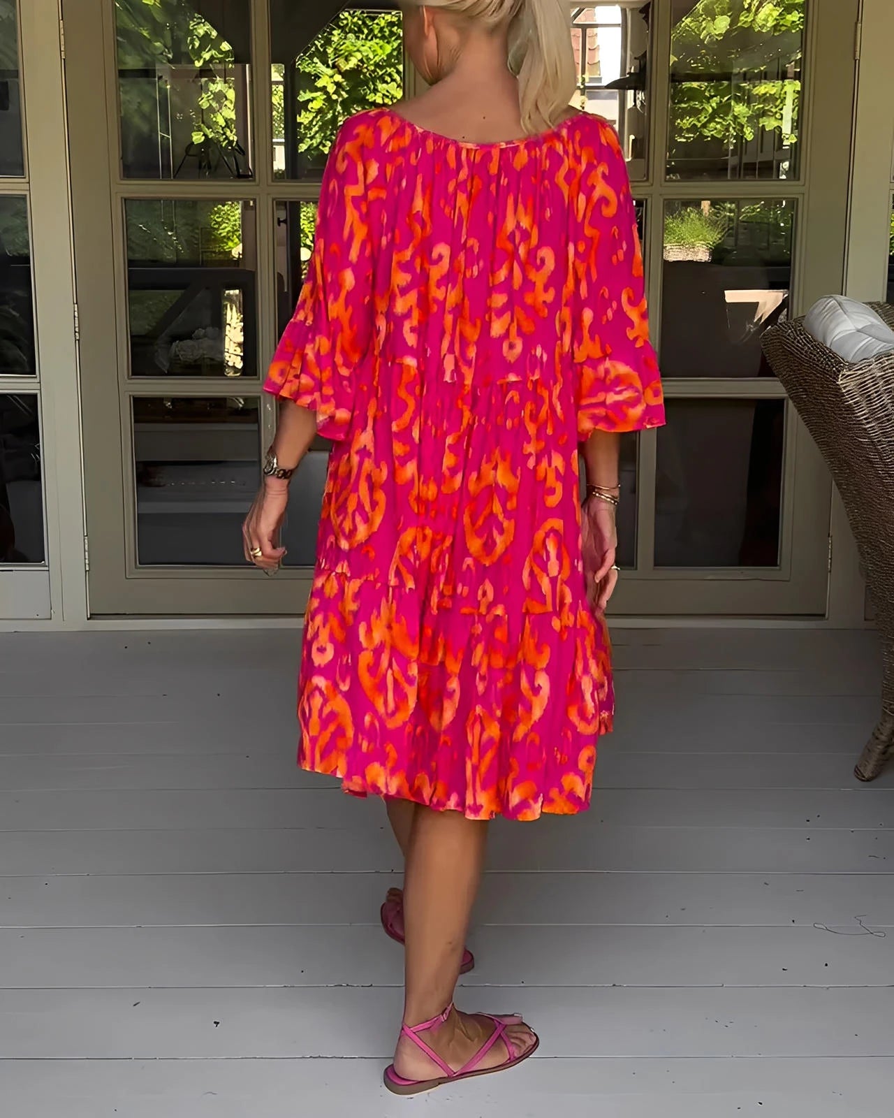 Printed Dress with Bell Sleeves & Relaxed Fit Silhouette