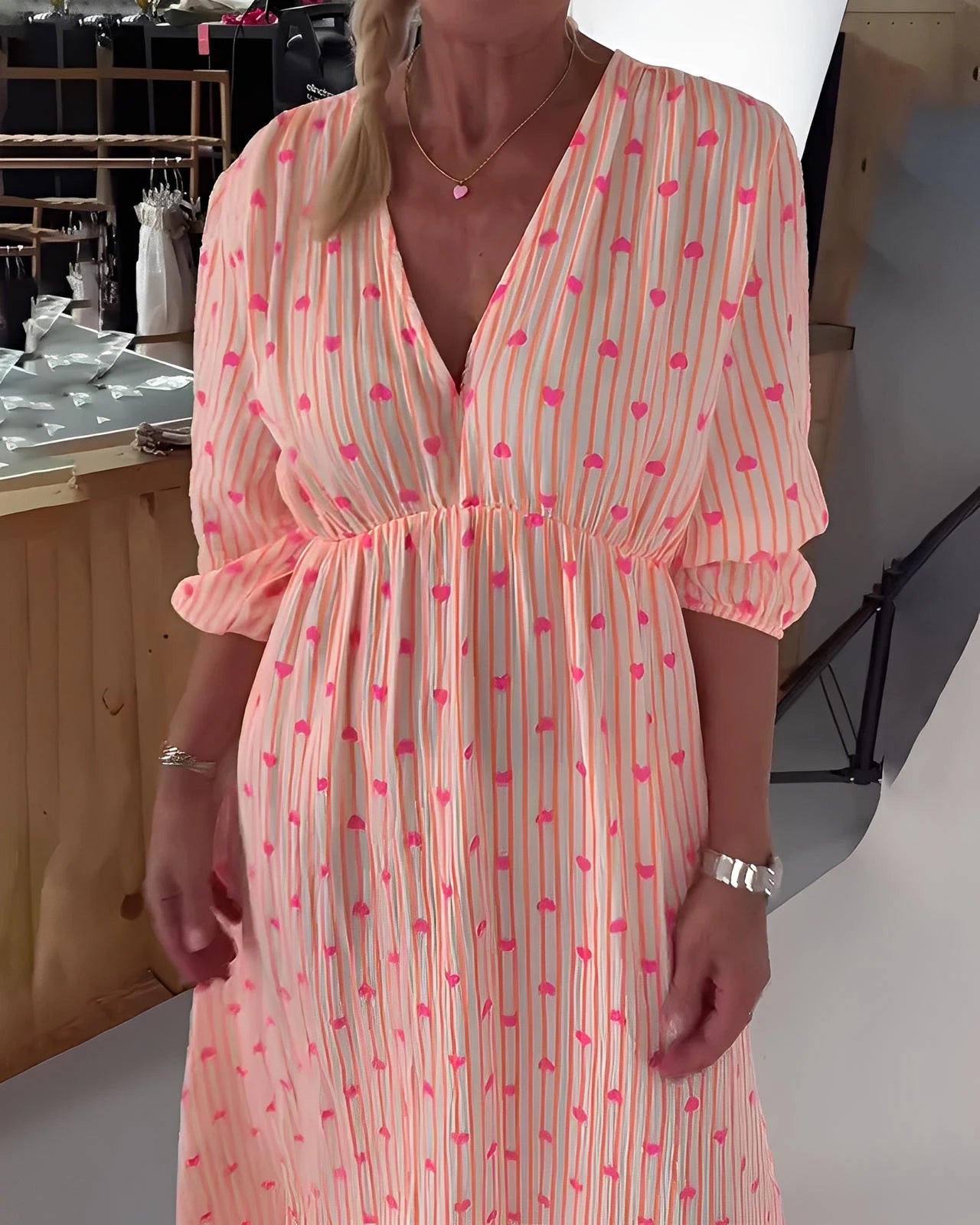 Elegant V-Neck Dress with Heart Print & Short Sleeves