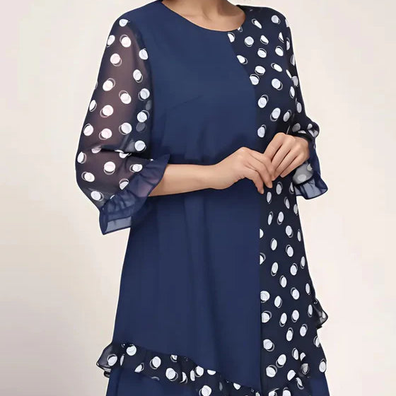 Polka Dot Patchwork Dress with Long Sleeves & Relaxed Fit