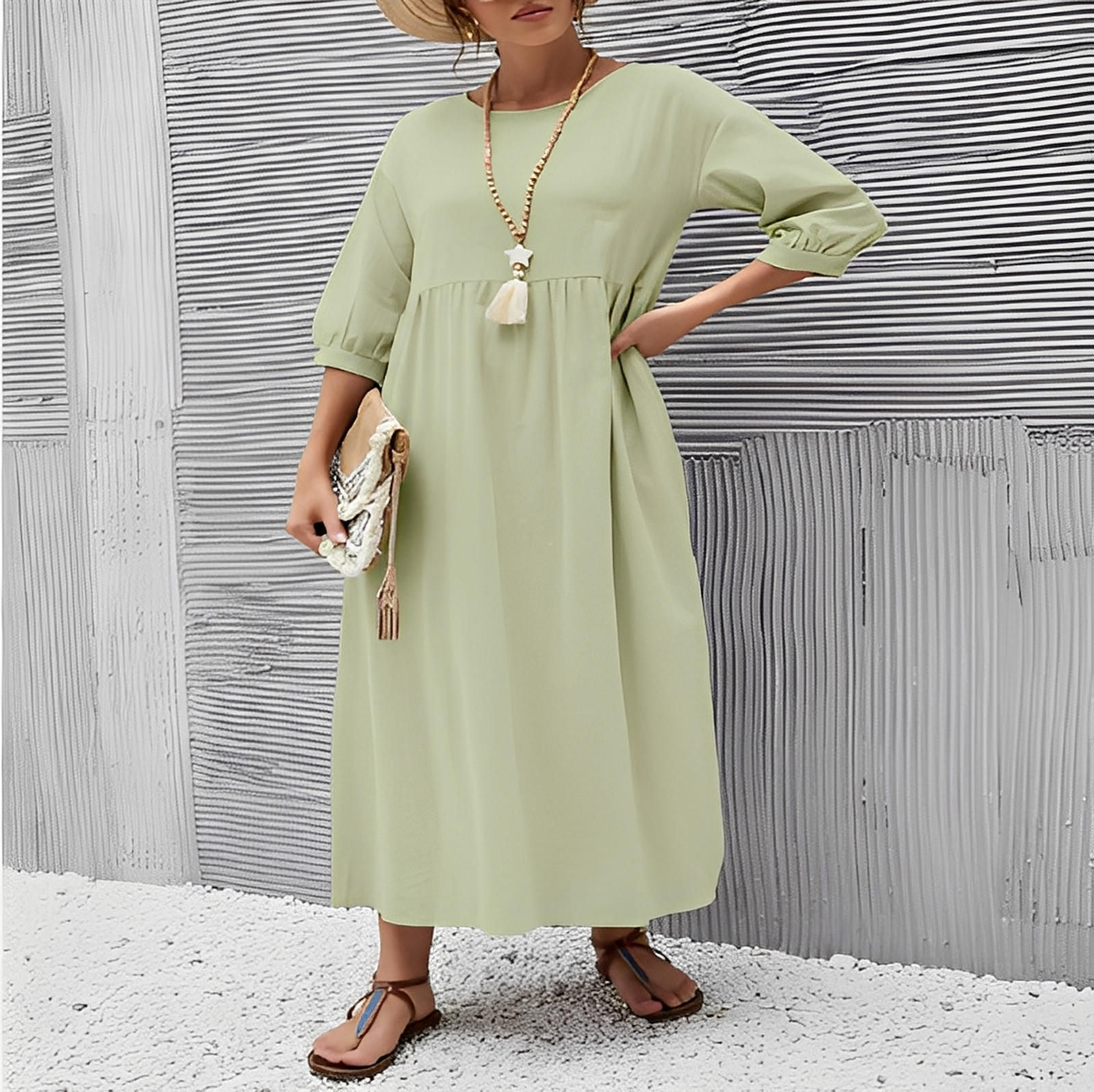 Summer Short-Sleeved A-Line Dress with Pockets & Round Neck
